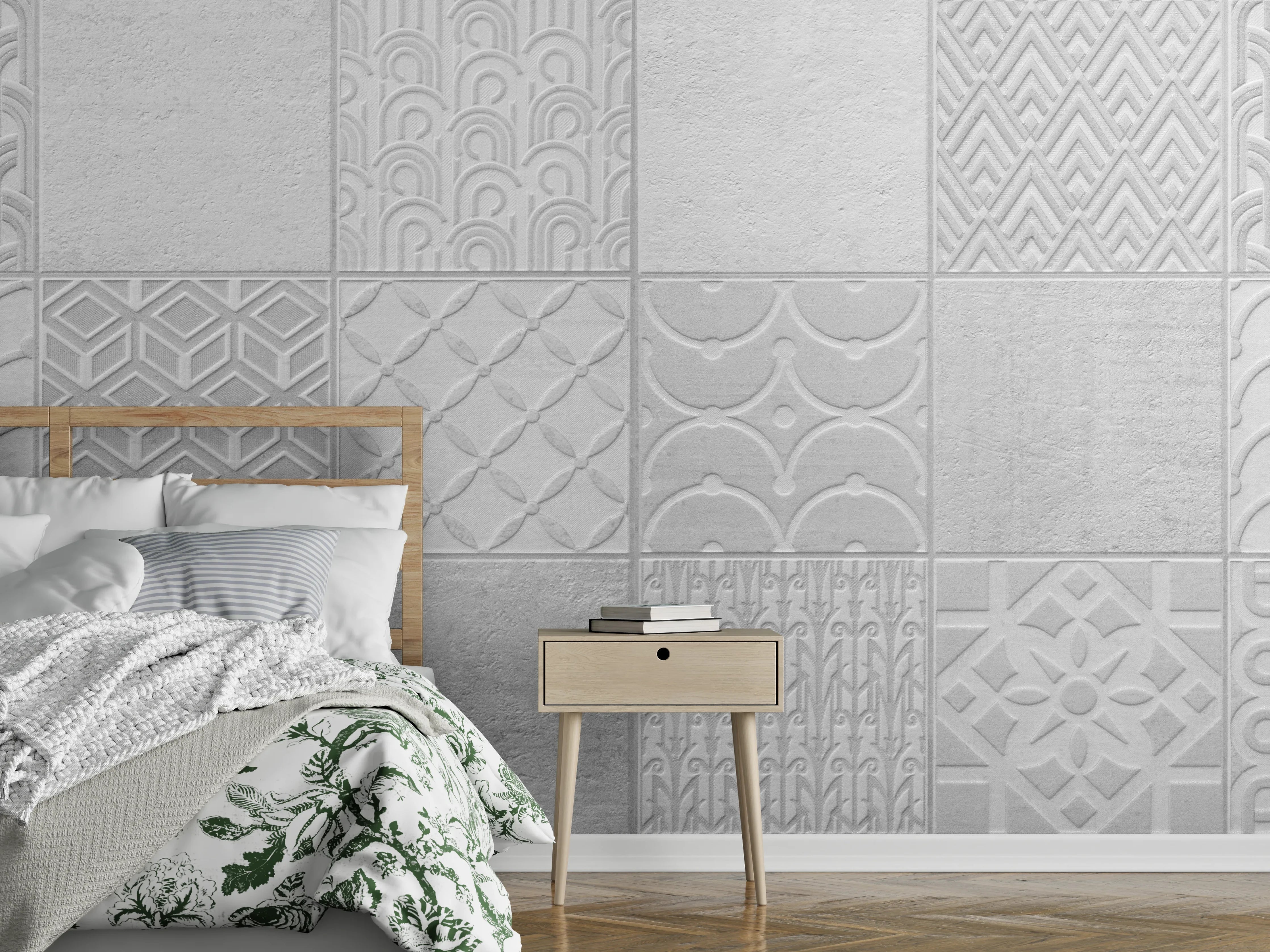 Wandverkleidung Schlafzimmer - Hellgraue quadratische Mosaik