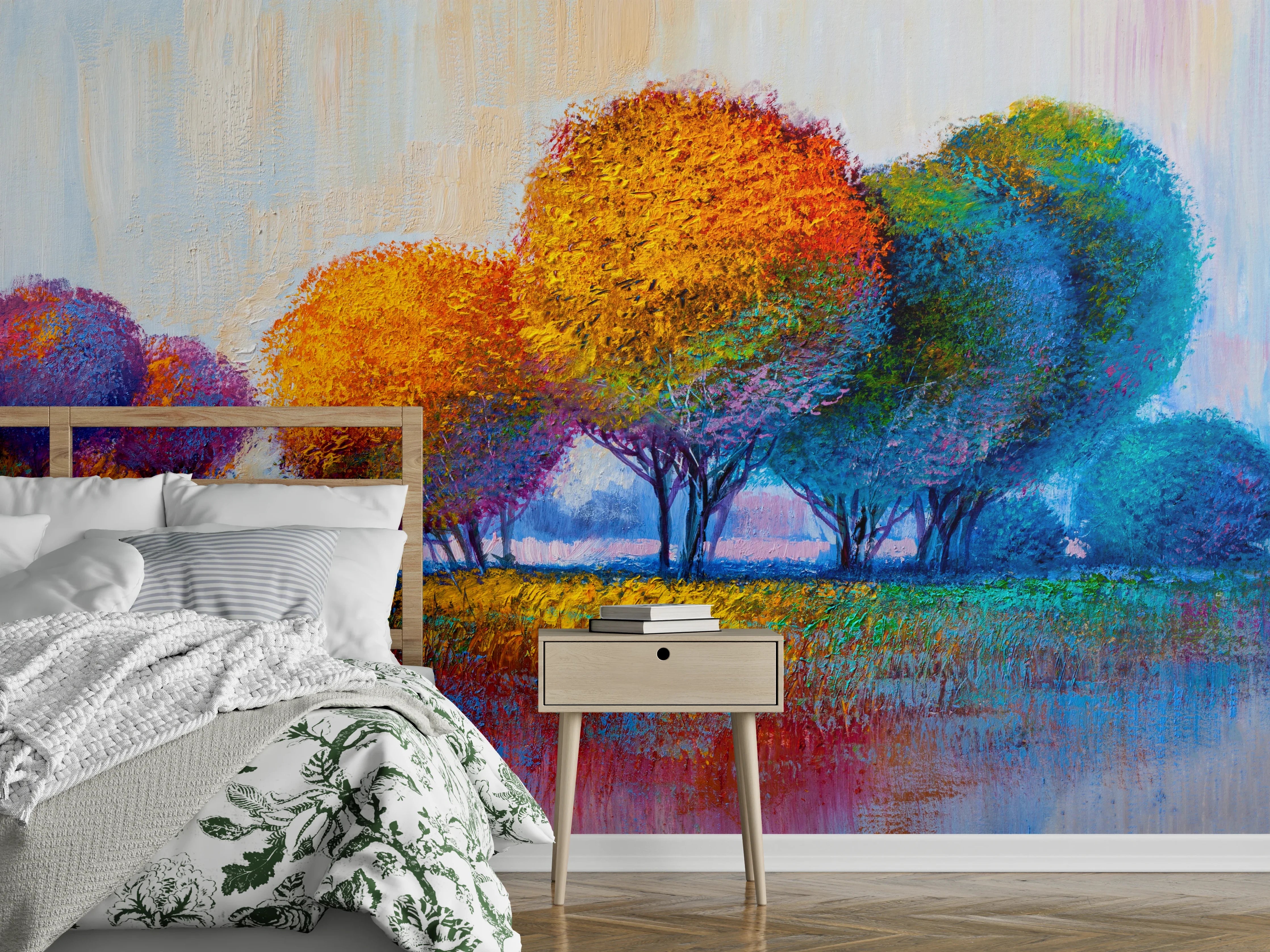 Wandverkleidung Schlafzimmer - Herbstbunte Bäume in moderner Malerei