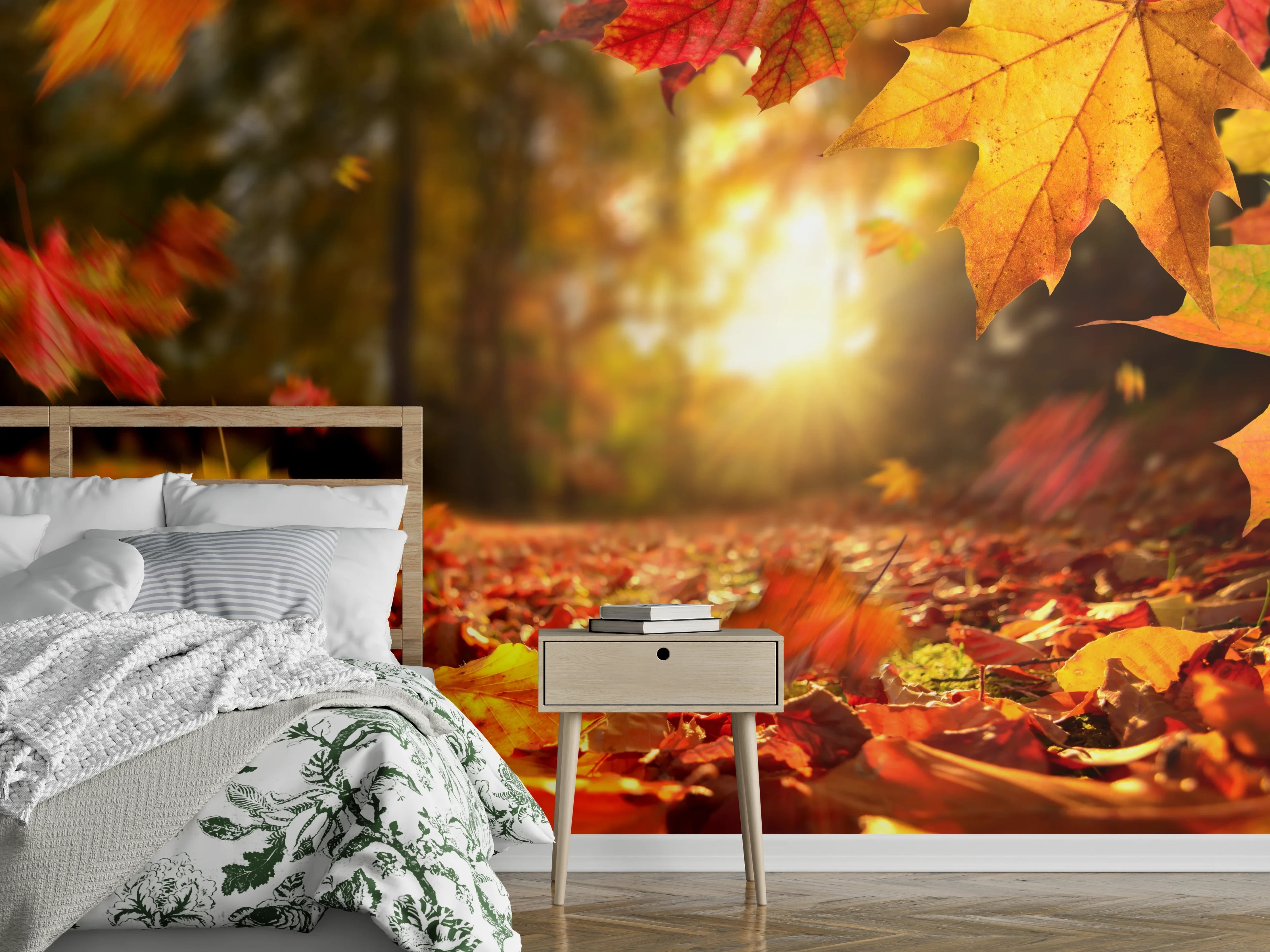 Wandverkleidung Schlafzimmer - Herbstlaub im Sonnenlicht Wandbild