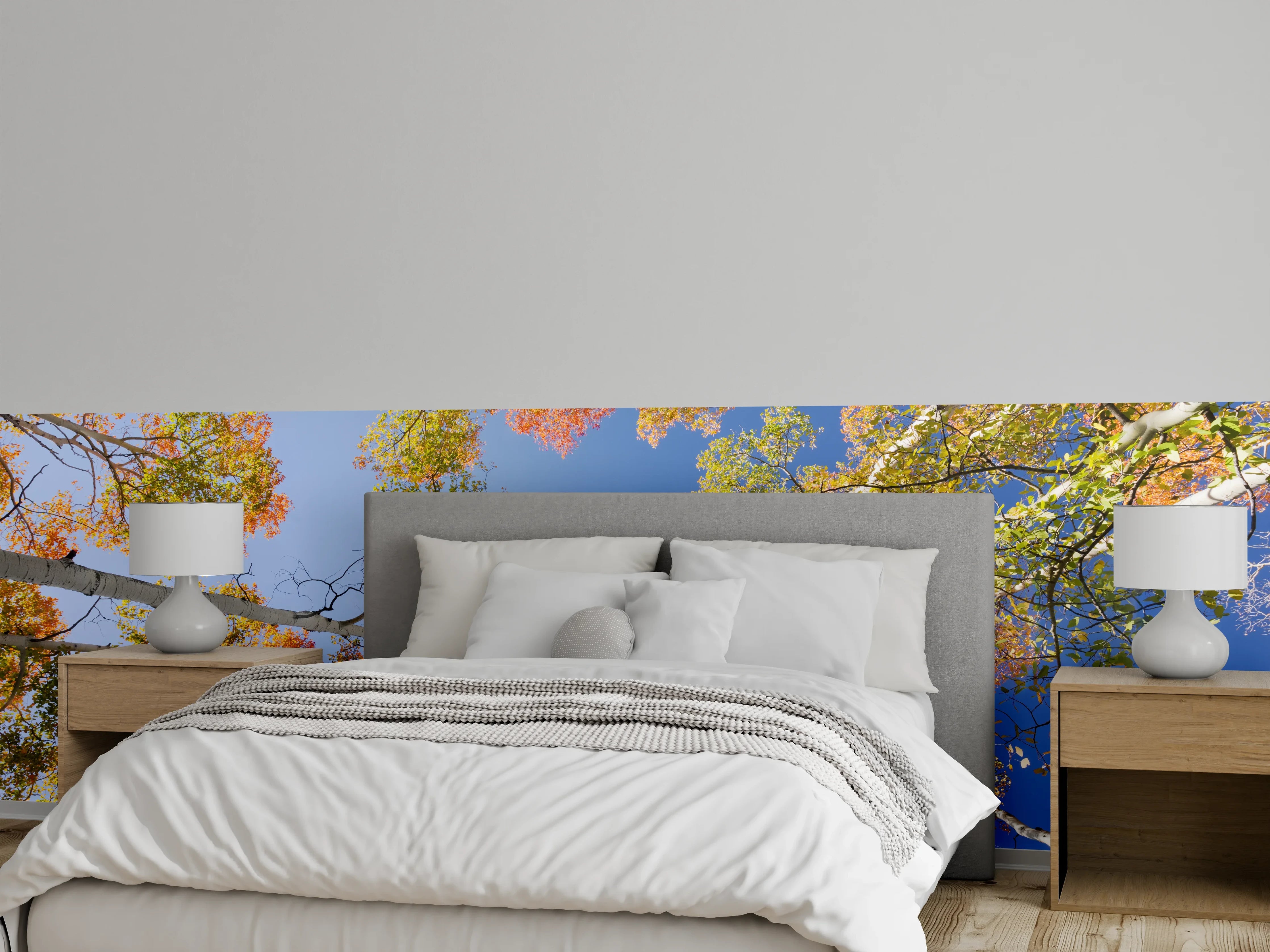 Wandverkleidung Schlafzimmer - Herbstliche Baumkronen unter blauem Himmel