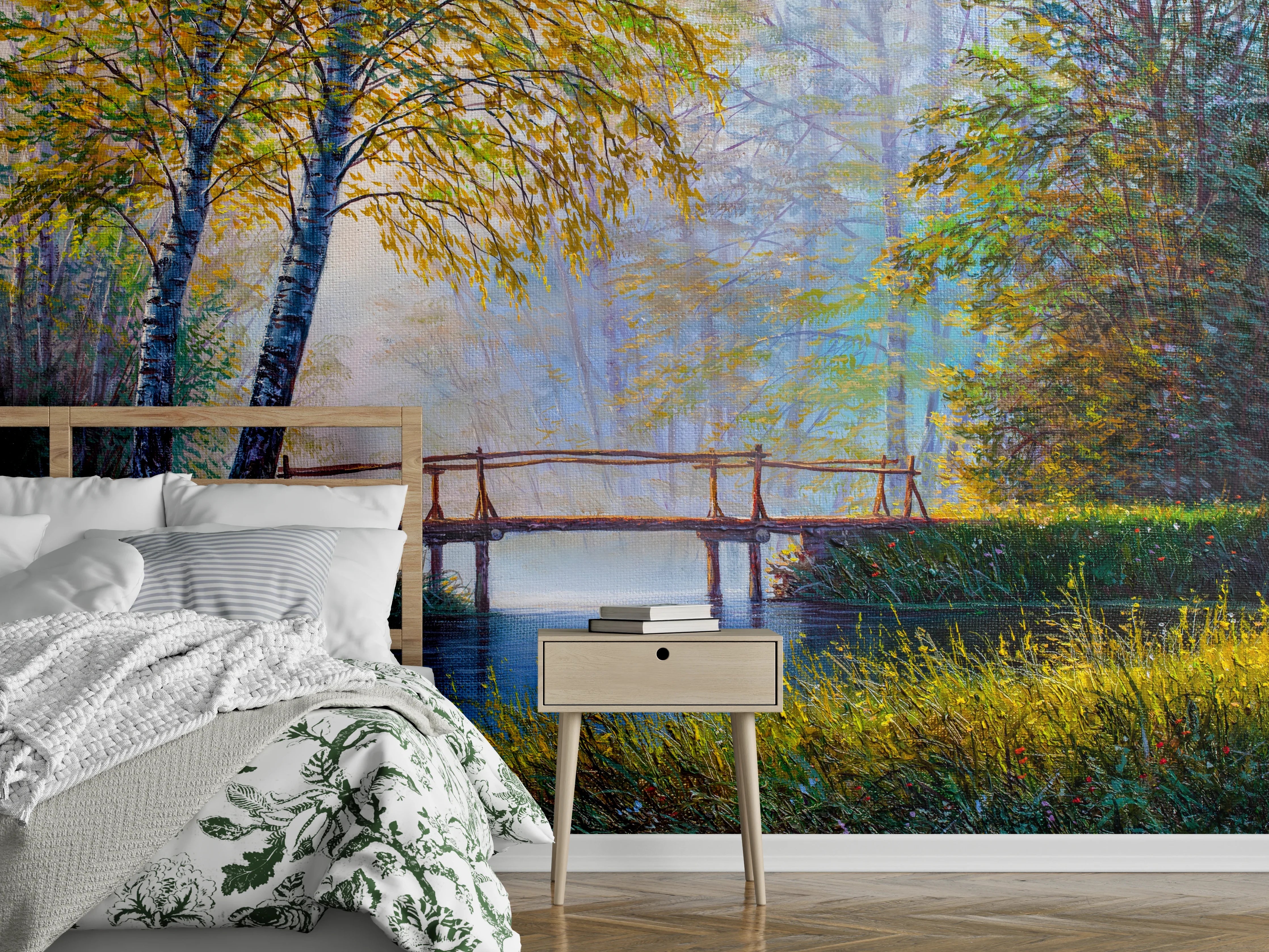 Wandverkleidung Schlafzimmer - Herbstliche Brücke am Waldsee