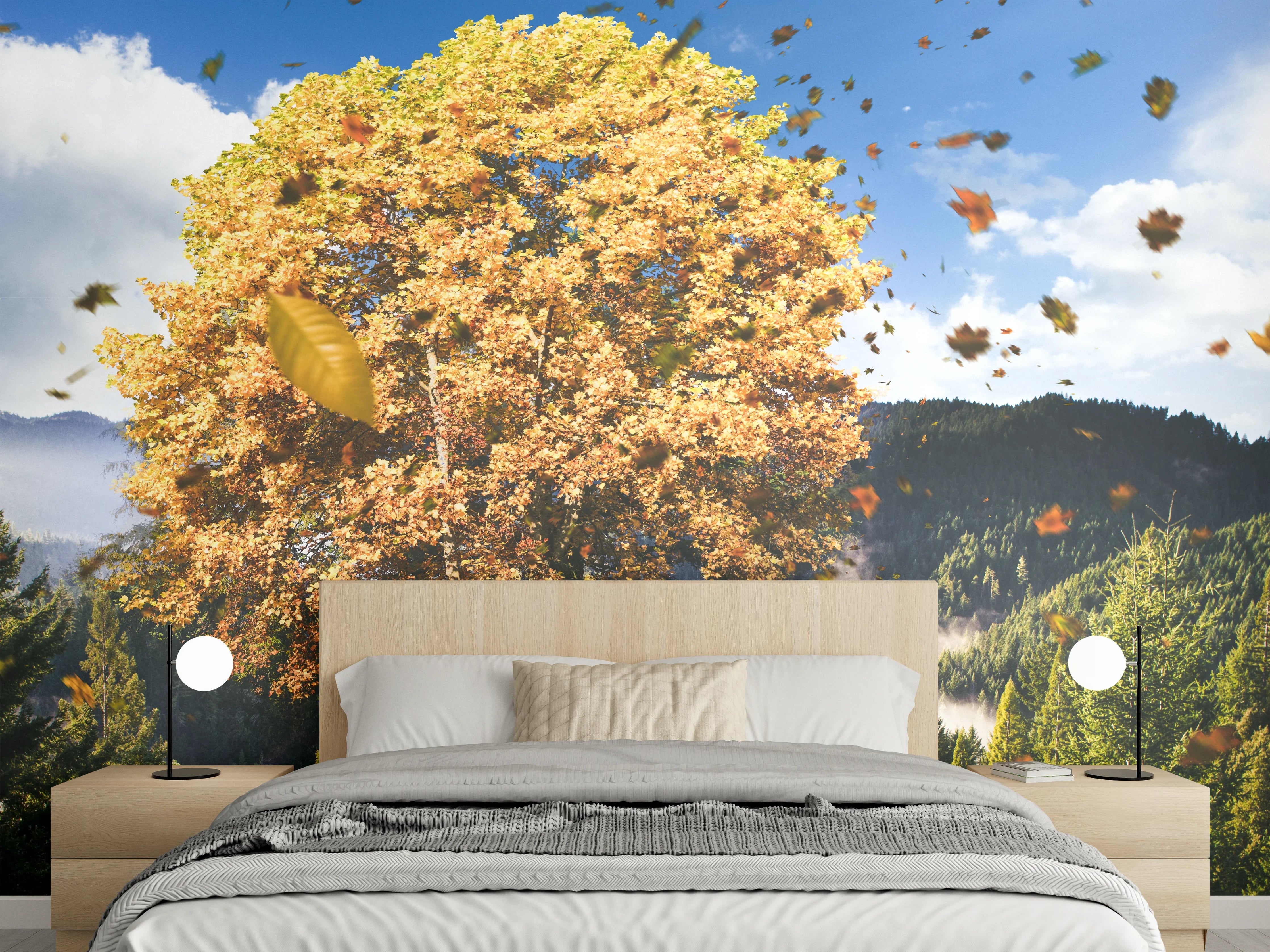 Wandverkleidung Schlafzimmer - Herbstlicher Baum im Gebirge Motiv