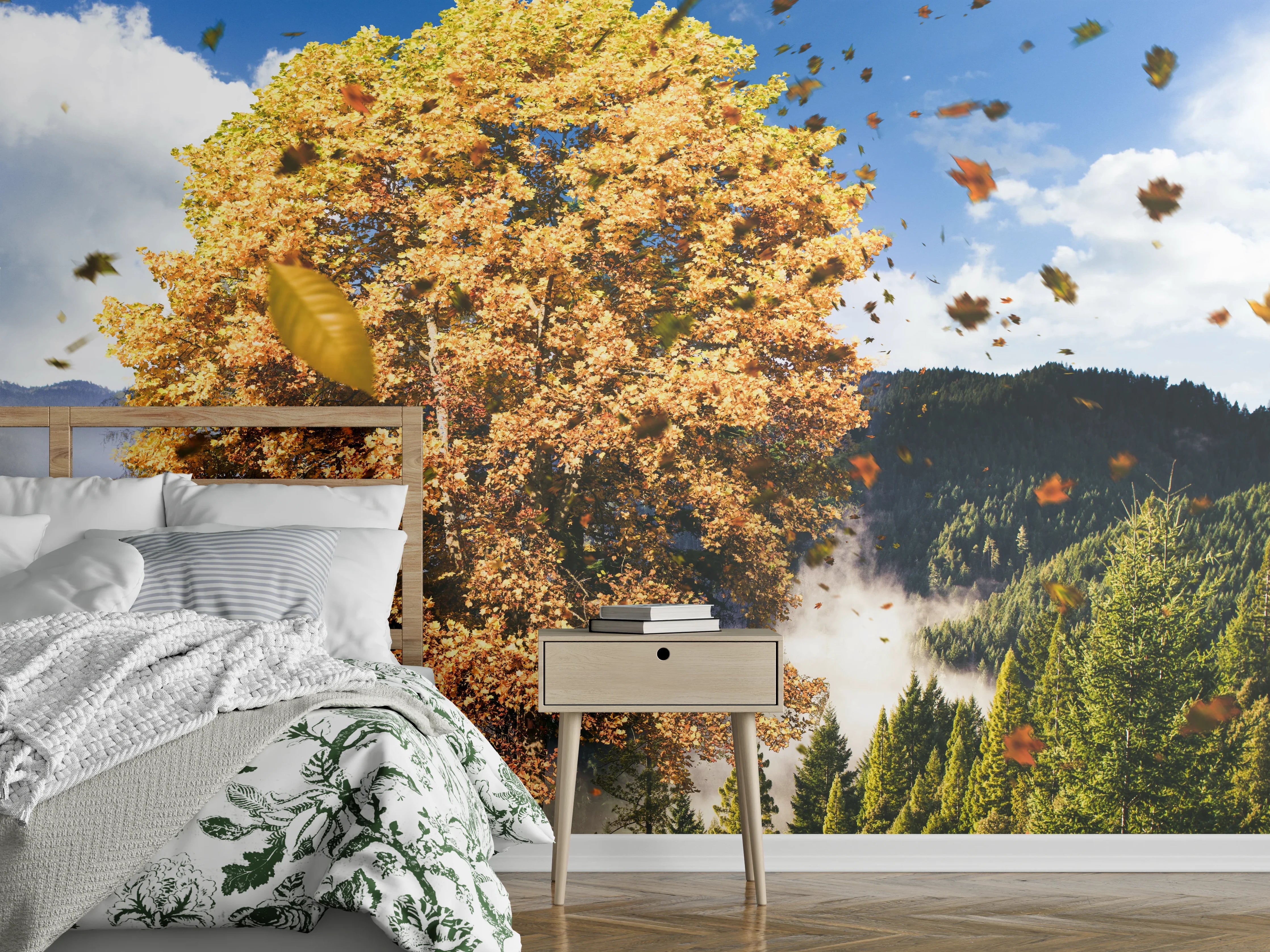 Wandverkleidung Schlafzimmer - Herbstlicher Baum im Gebirge Motiv