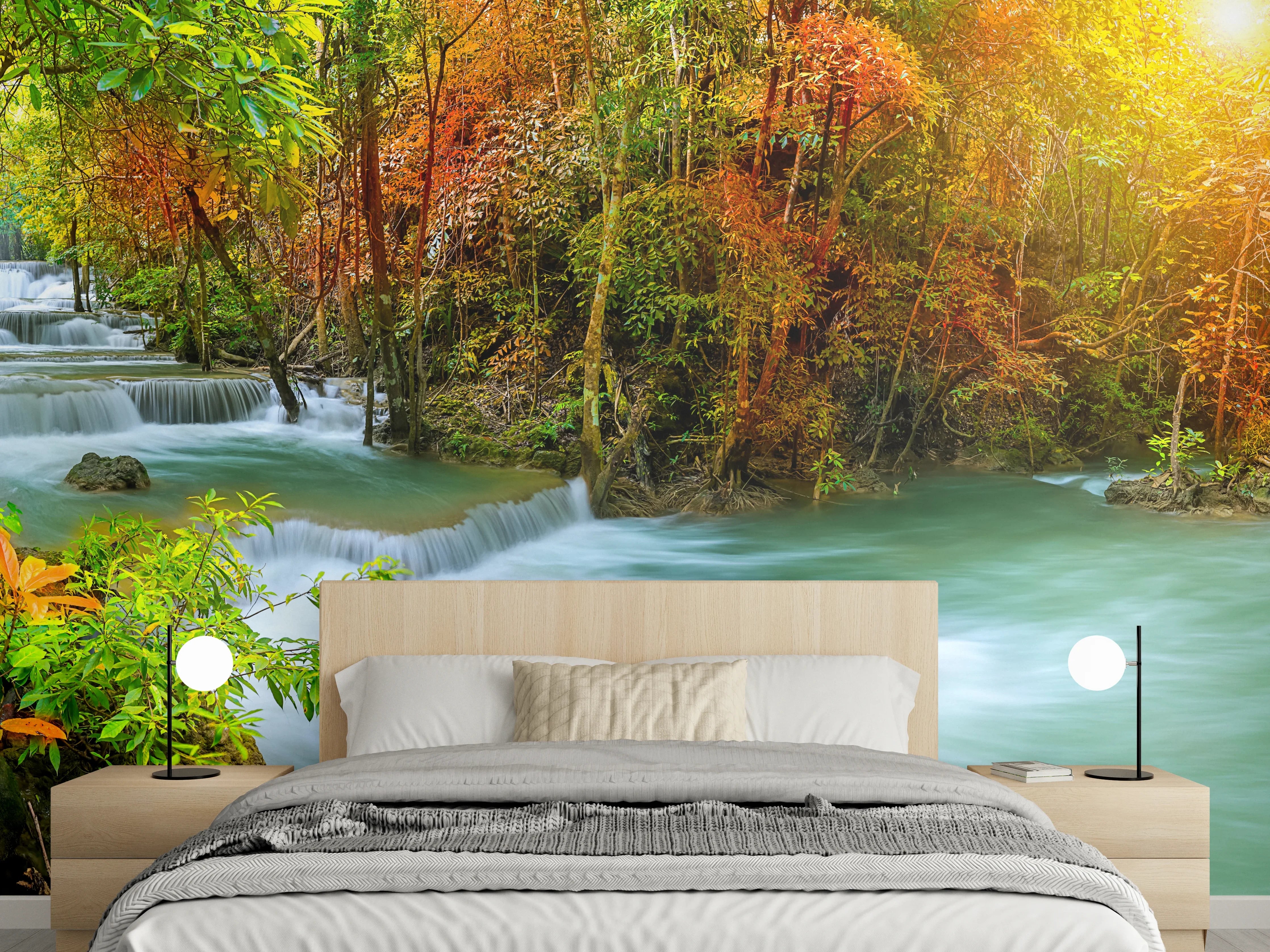 Wandverkleidung Schlafzimmer - Herbstlicher Türkis-Wasserfall