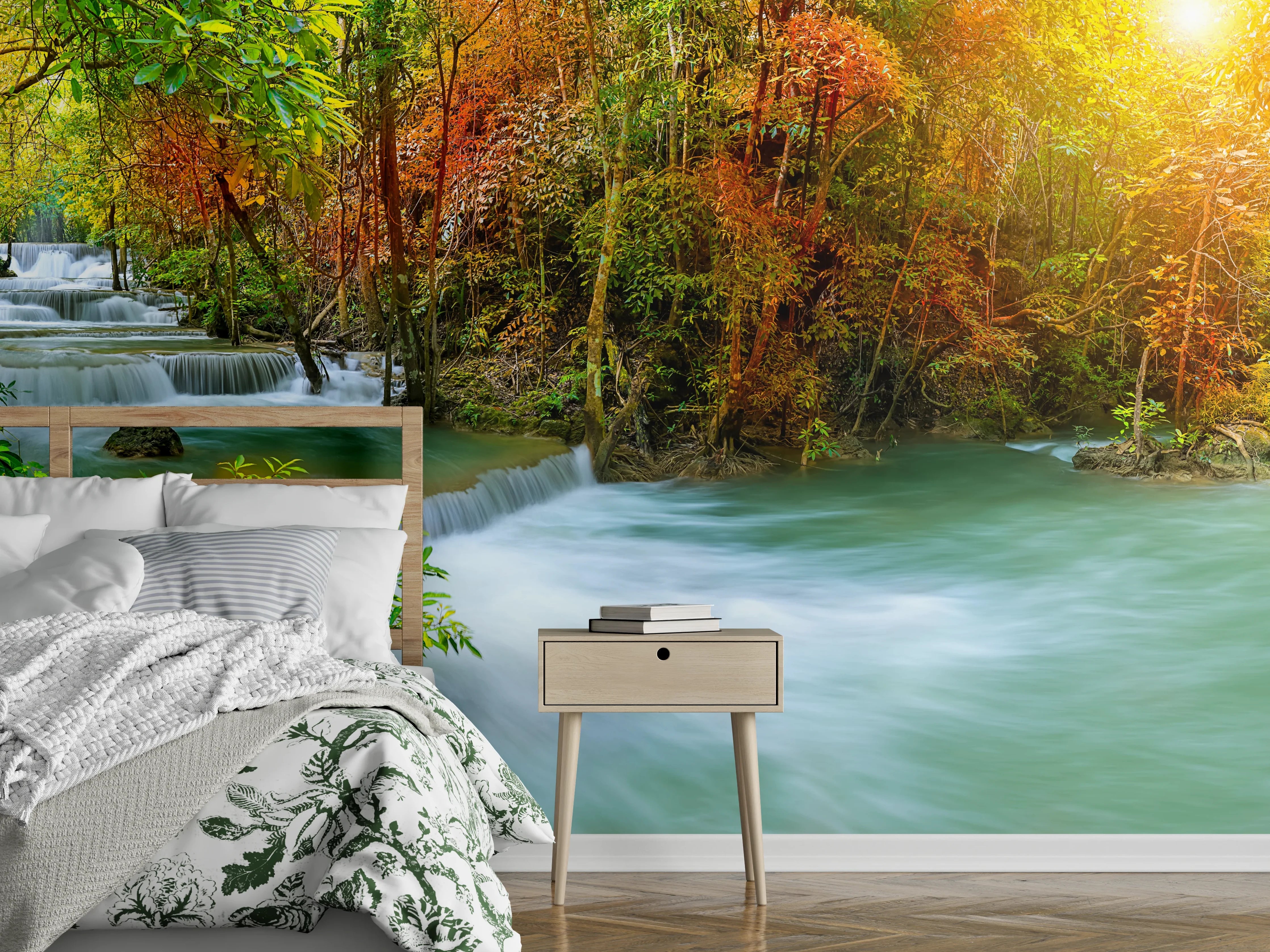 Wandverkleidung Schlafzimmer - Herbstlicher Türkis-Wasserfall