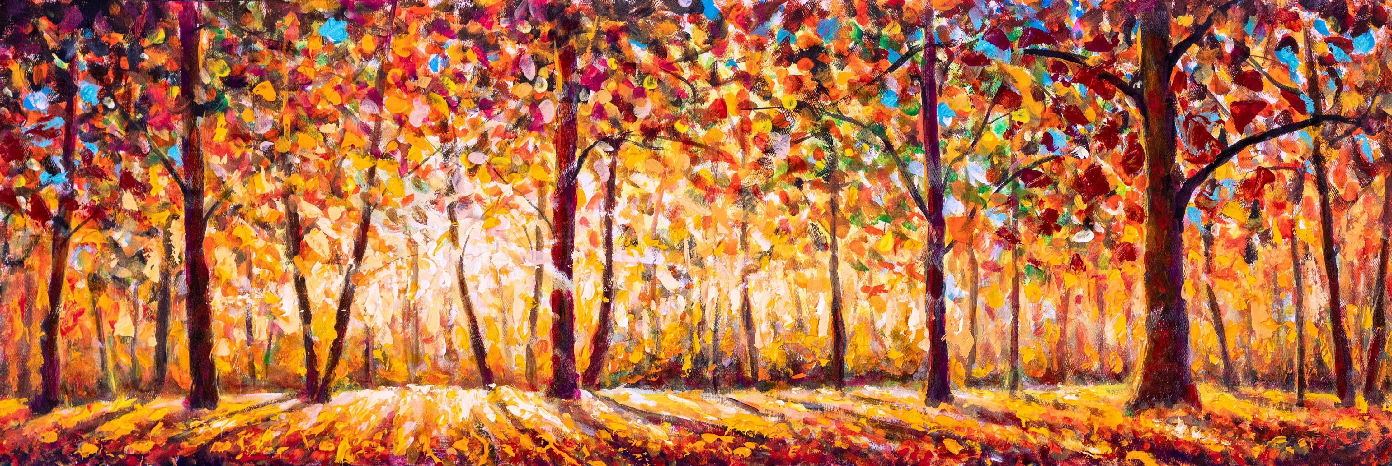 Wandverkleidung Schlafzimmer-Herbstlicher Wald Sonnenstrahlen Malerei