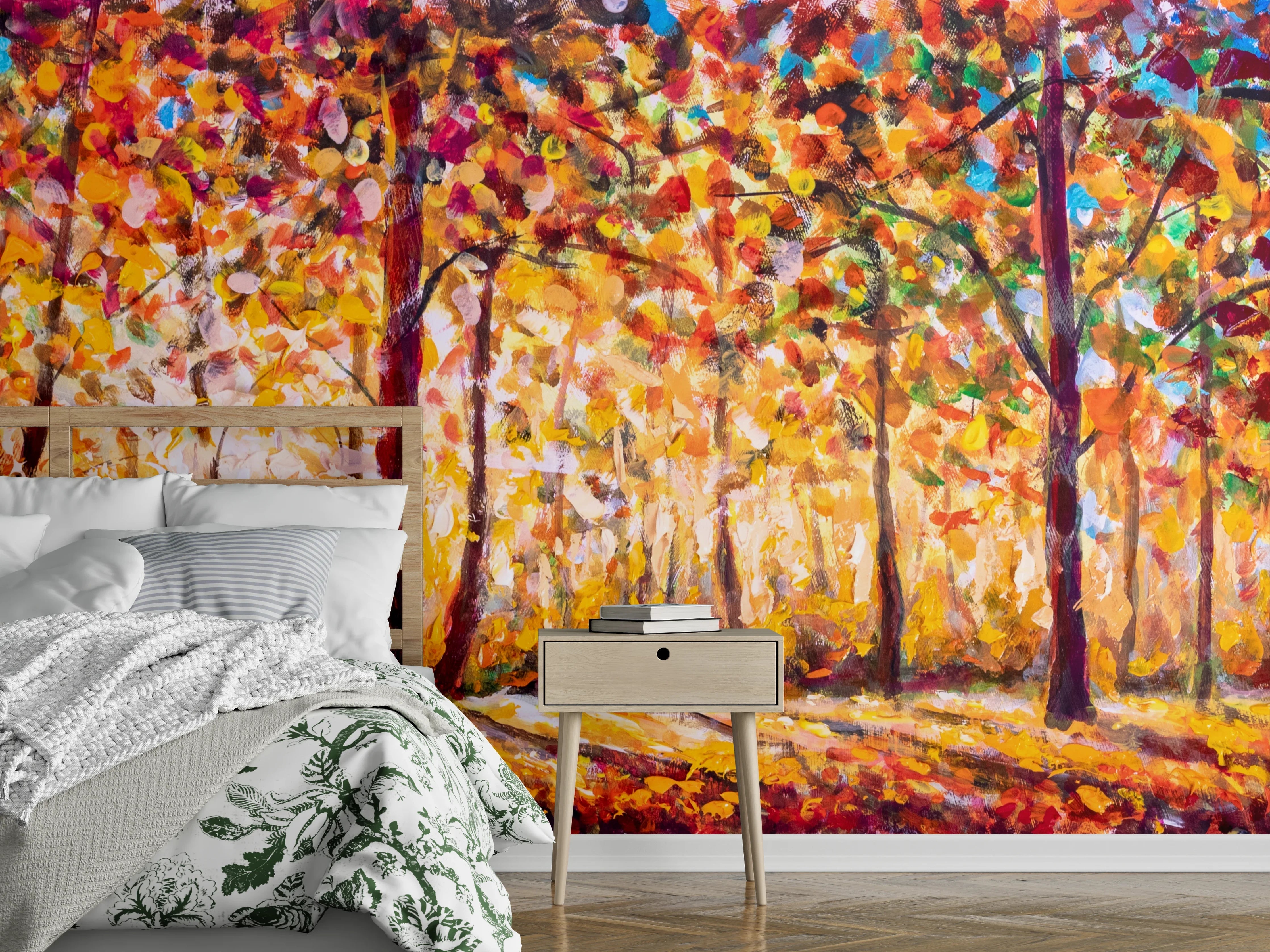 Wandverkleidung Schlafzimmer - Herbstlicher Wald Sonnenstrahlen Malerei