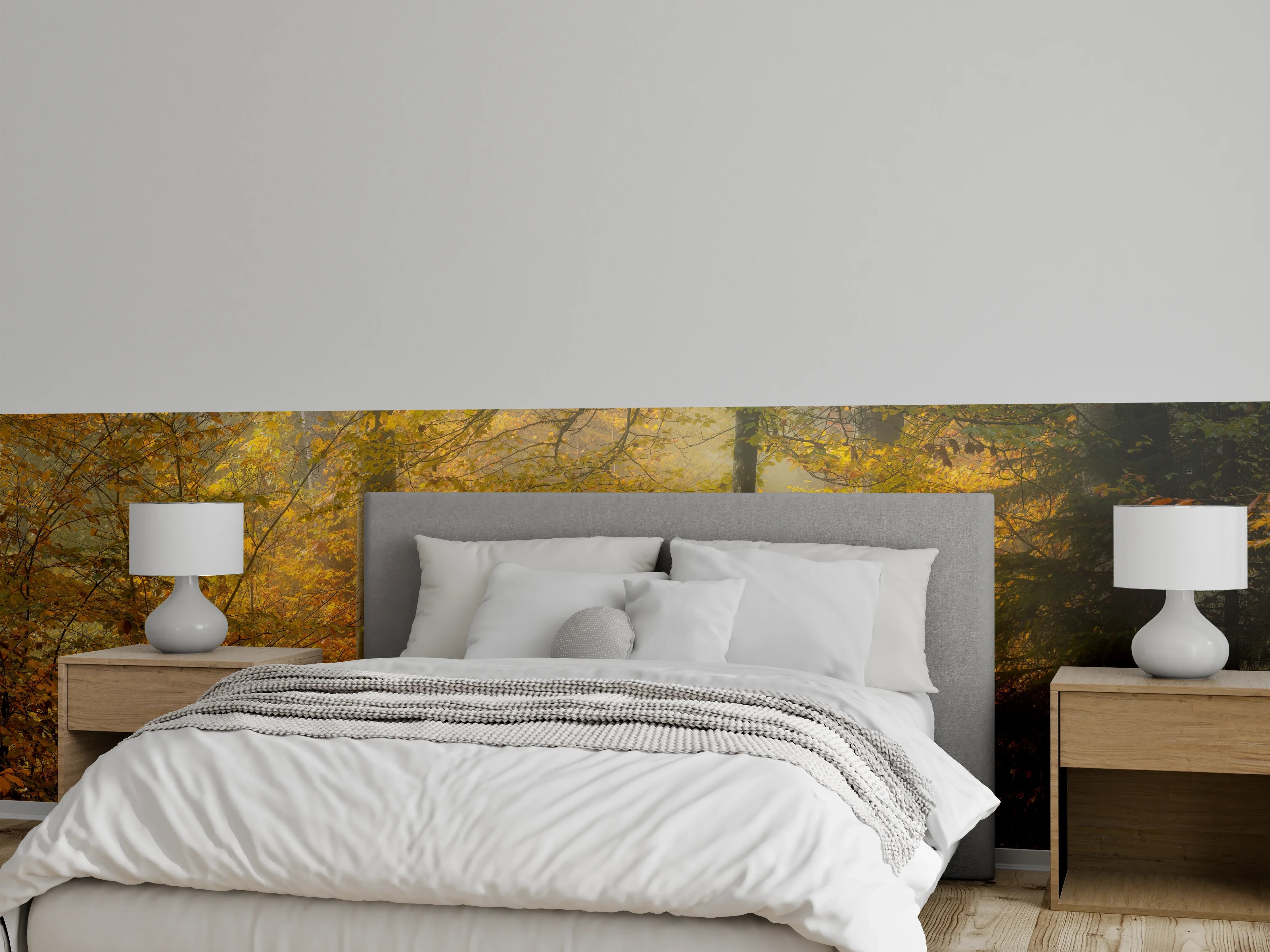 Wandverkleidung Schlafzimmer - Herbstlicher Wald im Morgennebel