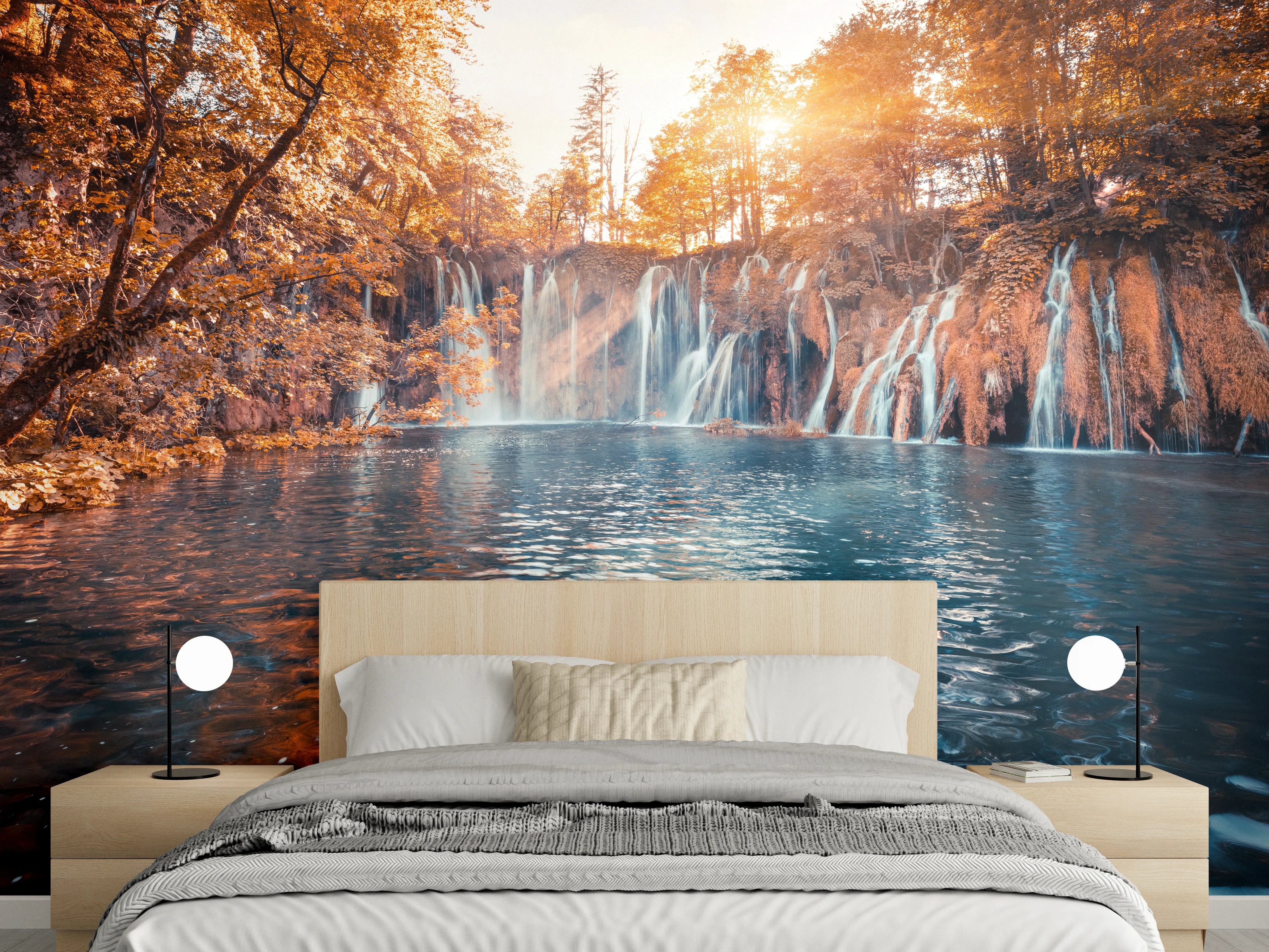 Wandverkleidung Schlafzimmer - Herbstlicher Wasserfall – Magische Naturidylle