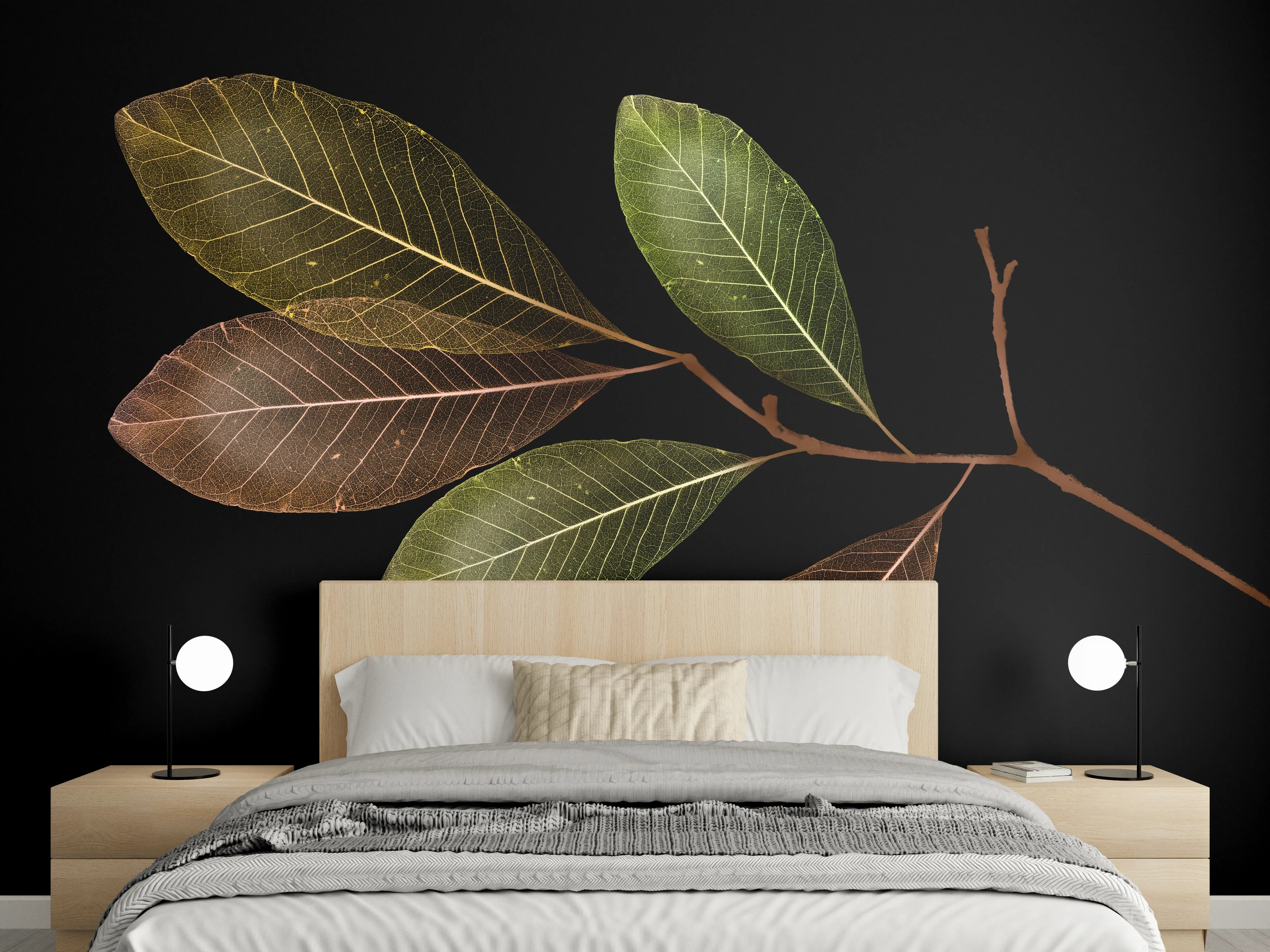 Wandverkleidung Schlafzimmer - Herbstliches Blattmotiv auf Schwarz