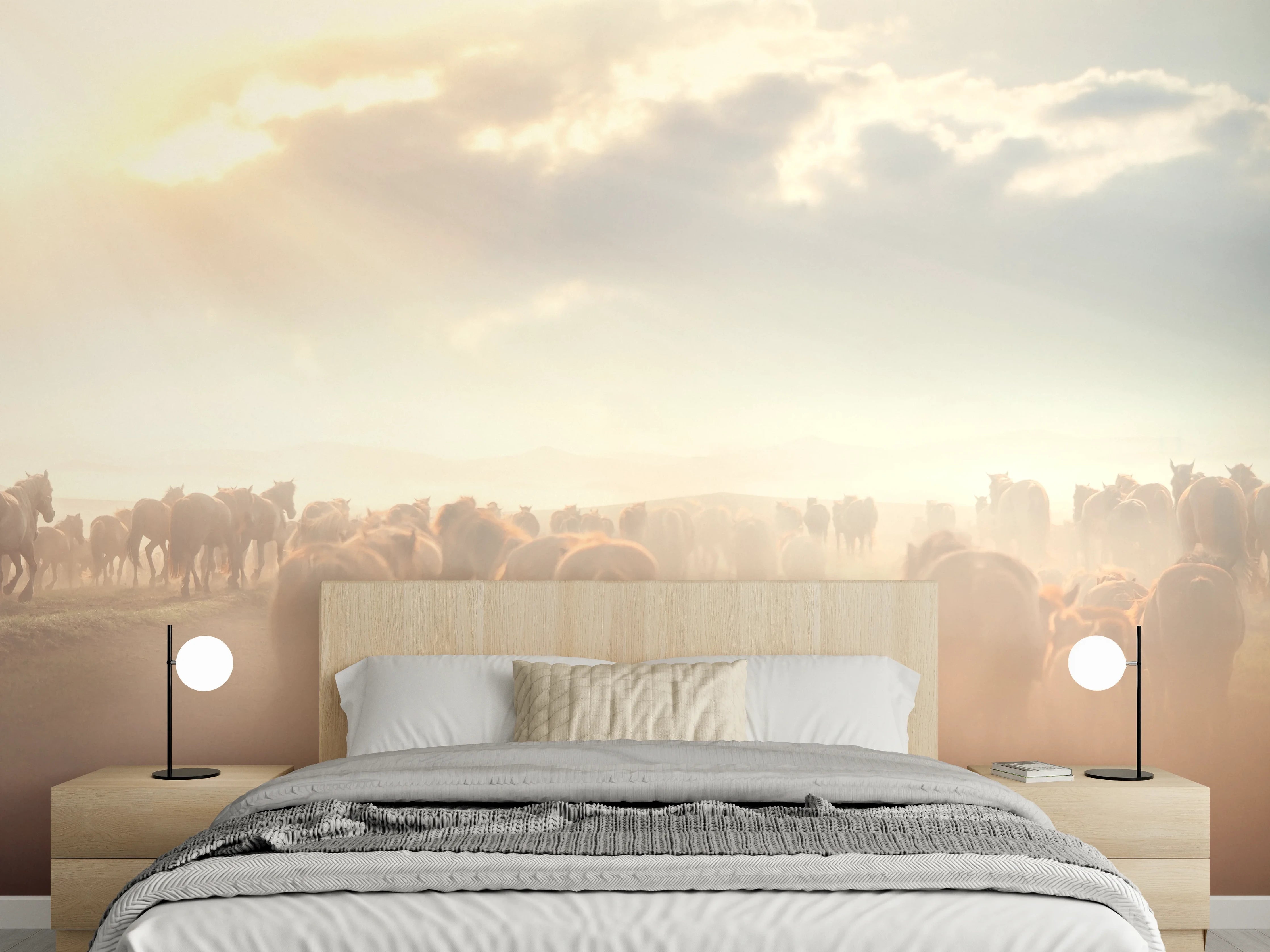 Wandverkleidung Schlafzimmer - Herde Wildpferde im Sonnenuntergang