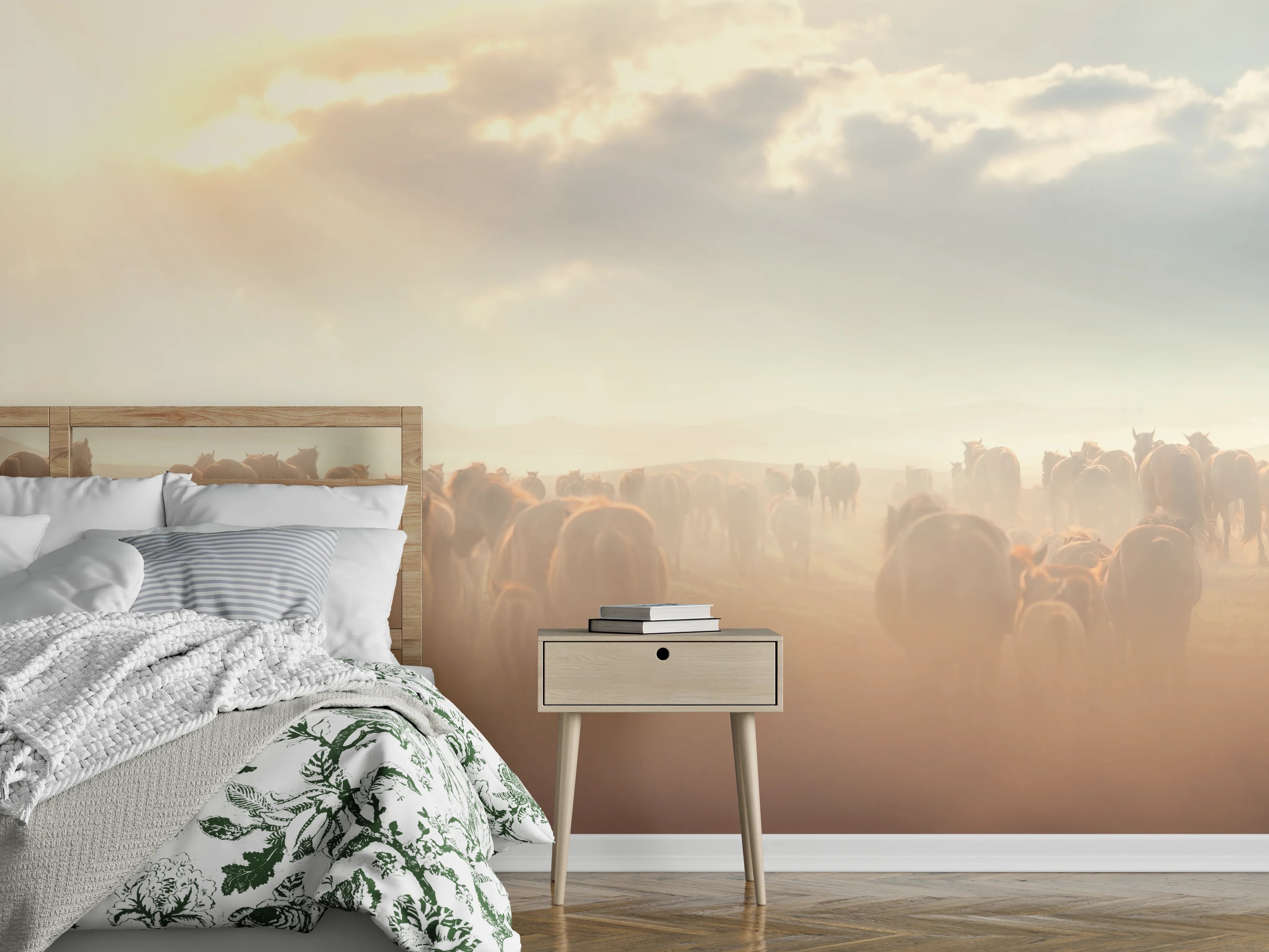 Wandverkleidung Schlafzimmer - Herde Wildpferde im Sonnenuntergang