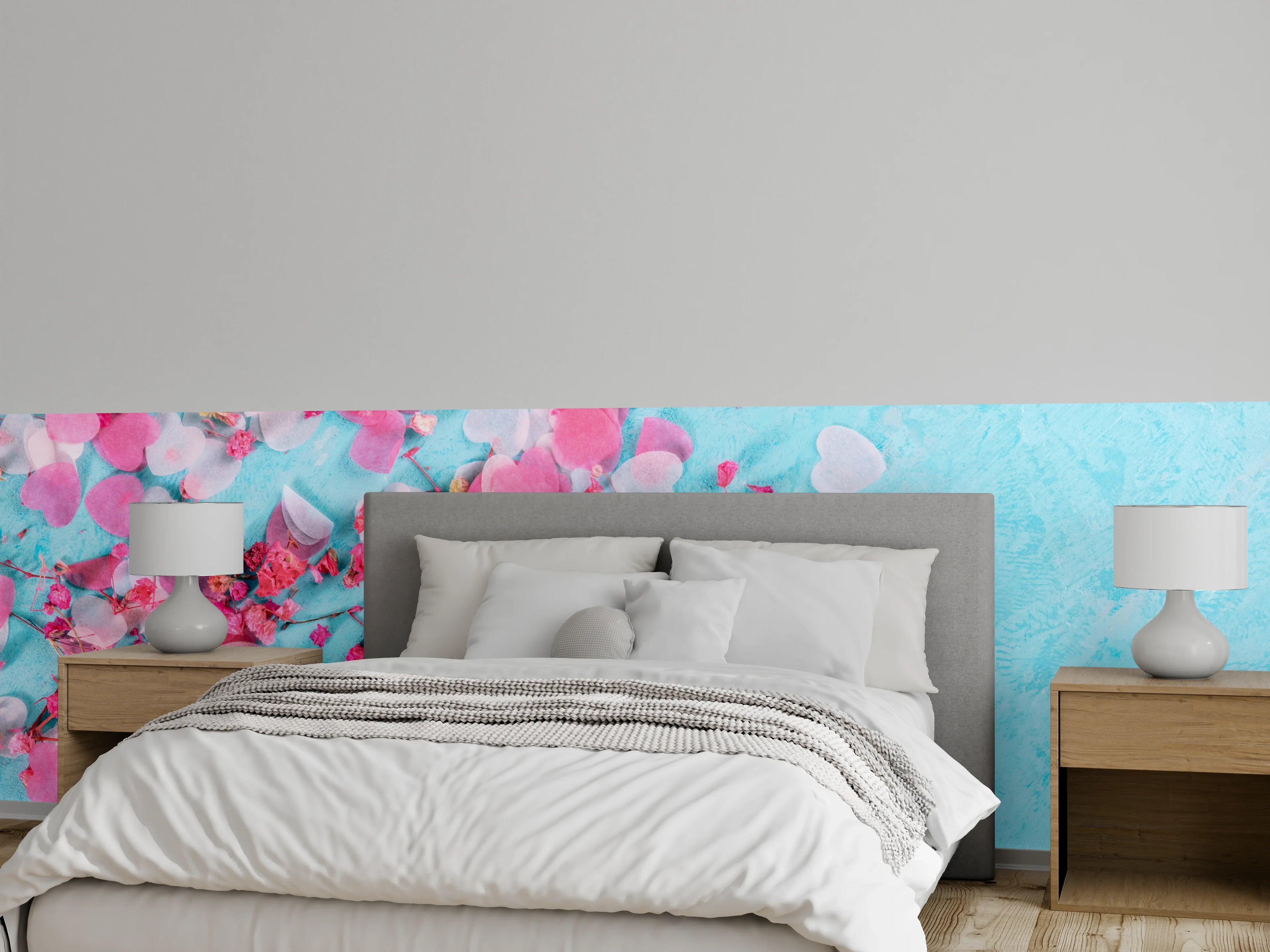 Wandverkleidung Schlafzimmer - Herz-Konfetti auf türkiser Oberfläche