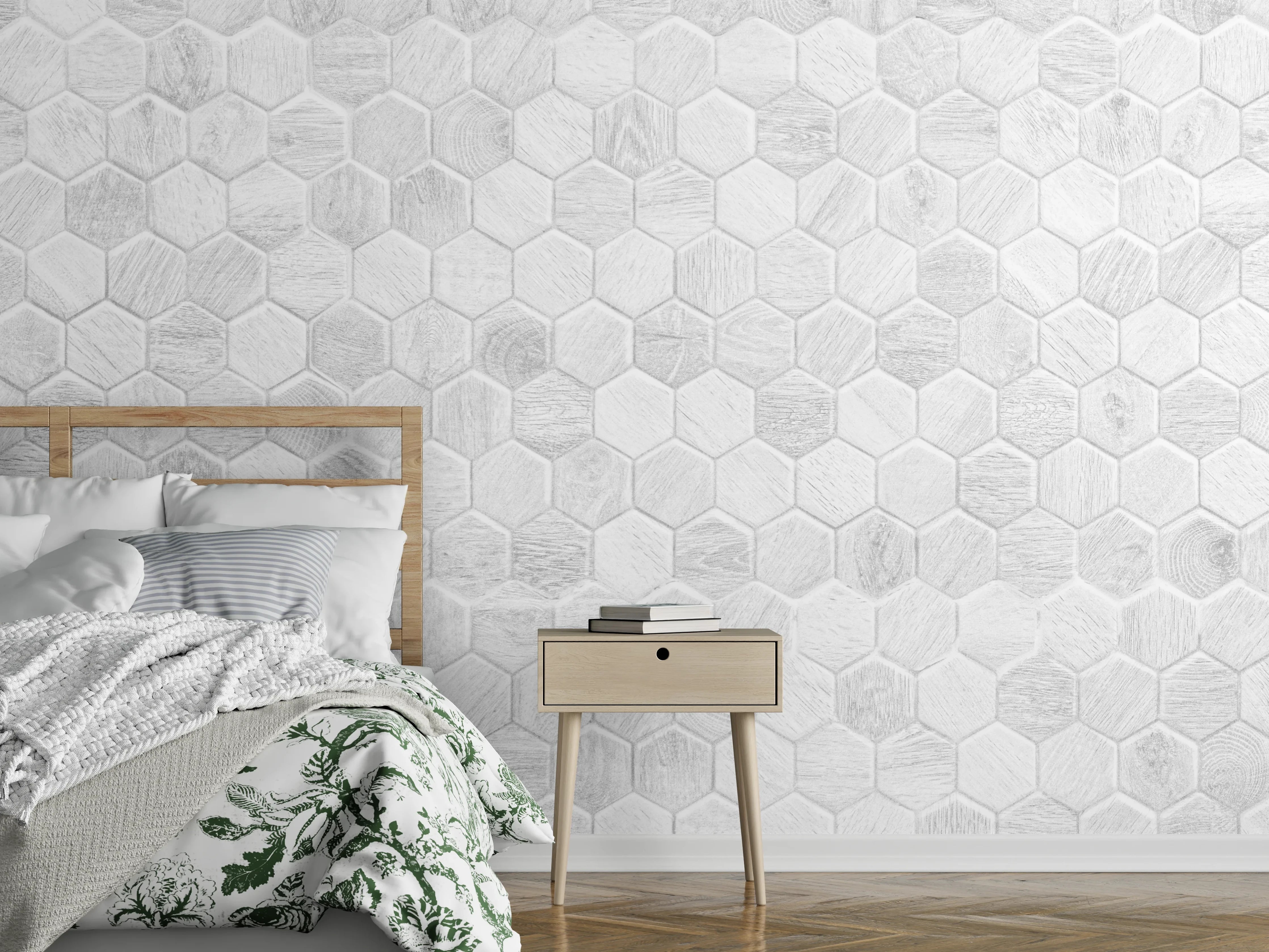 Wandverkleidung Schlafzimmer - Hexagon-Holzpaneele Grau-Weiß