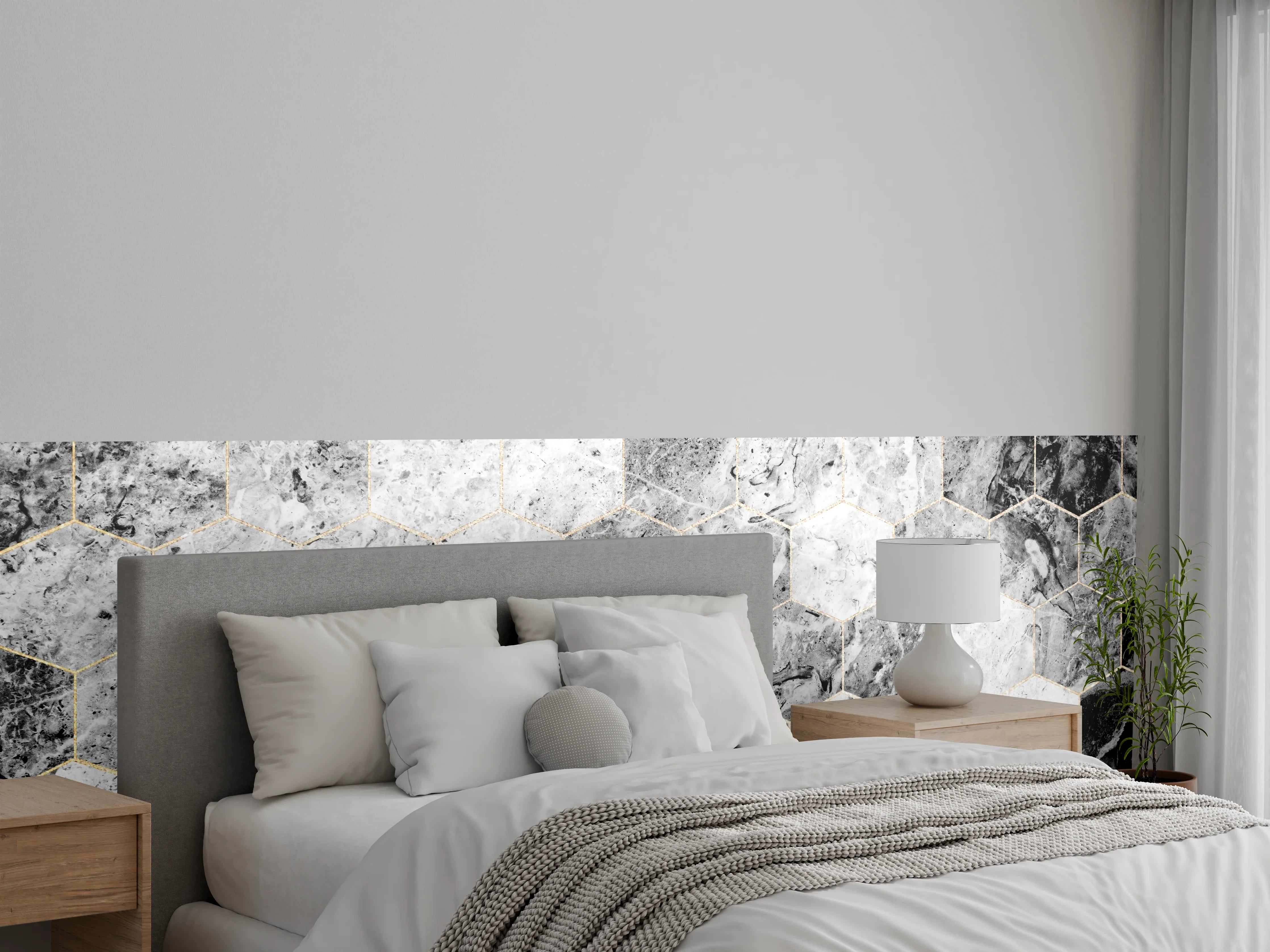 Wandverkleidung Schlafzimmer - Hexagon-Marmoroptik in Schwarz-Weiß & Grau