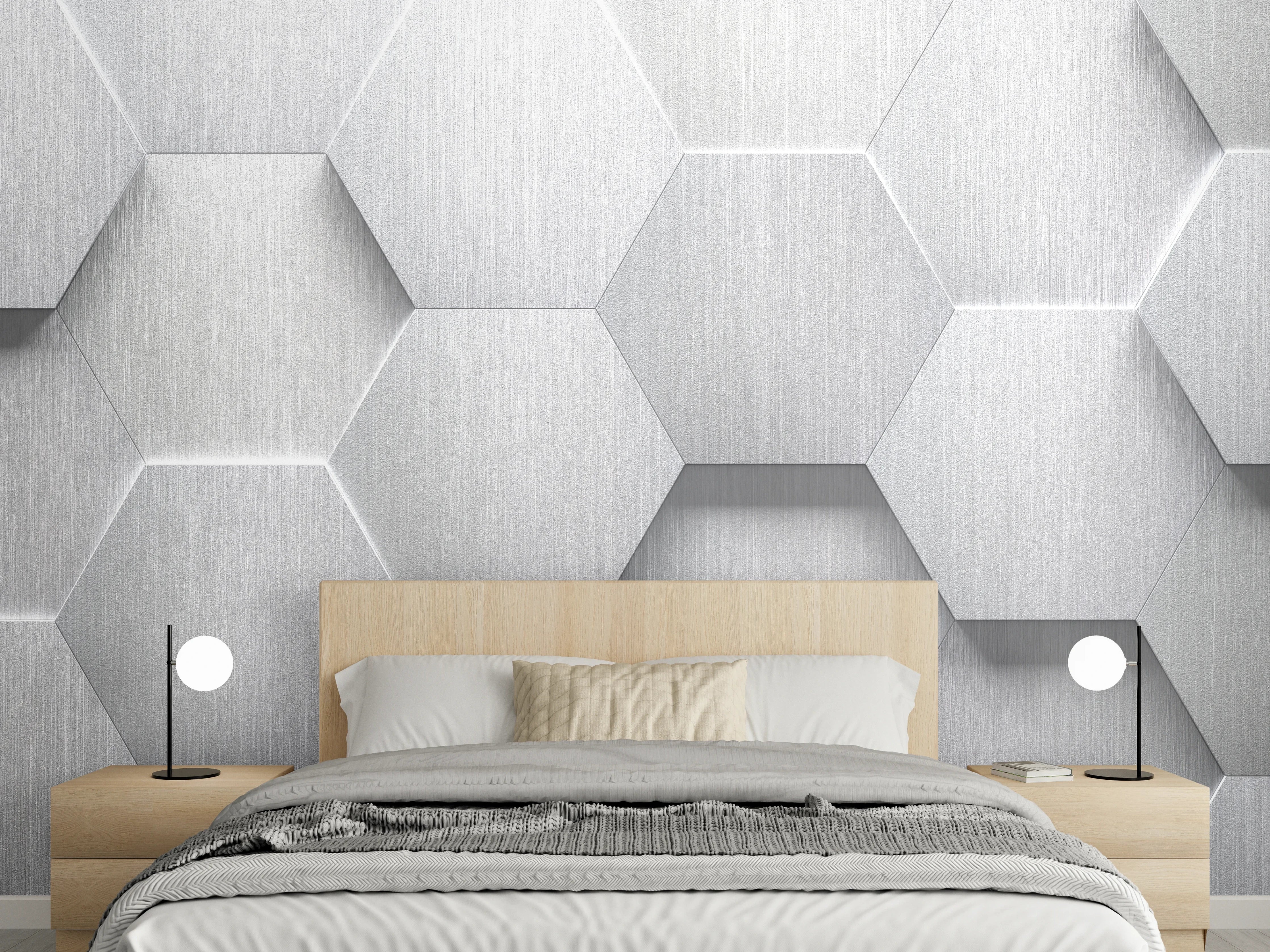 Wandverkleidung Schlafzimmer - Hexagon Metallstruktur Grau-Weiß