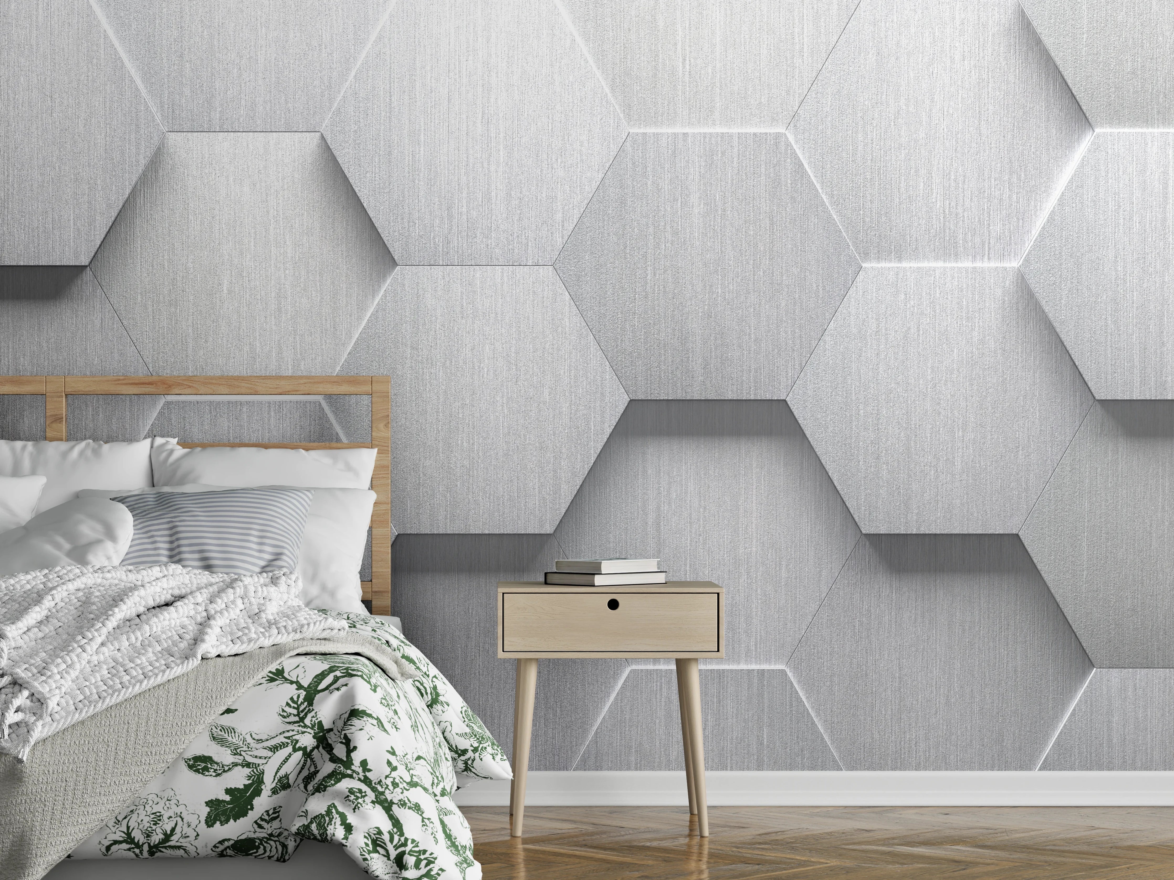 Wandverkleidung Schlafzimmer - Hexagon Metallstruktur Grau-Weiß