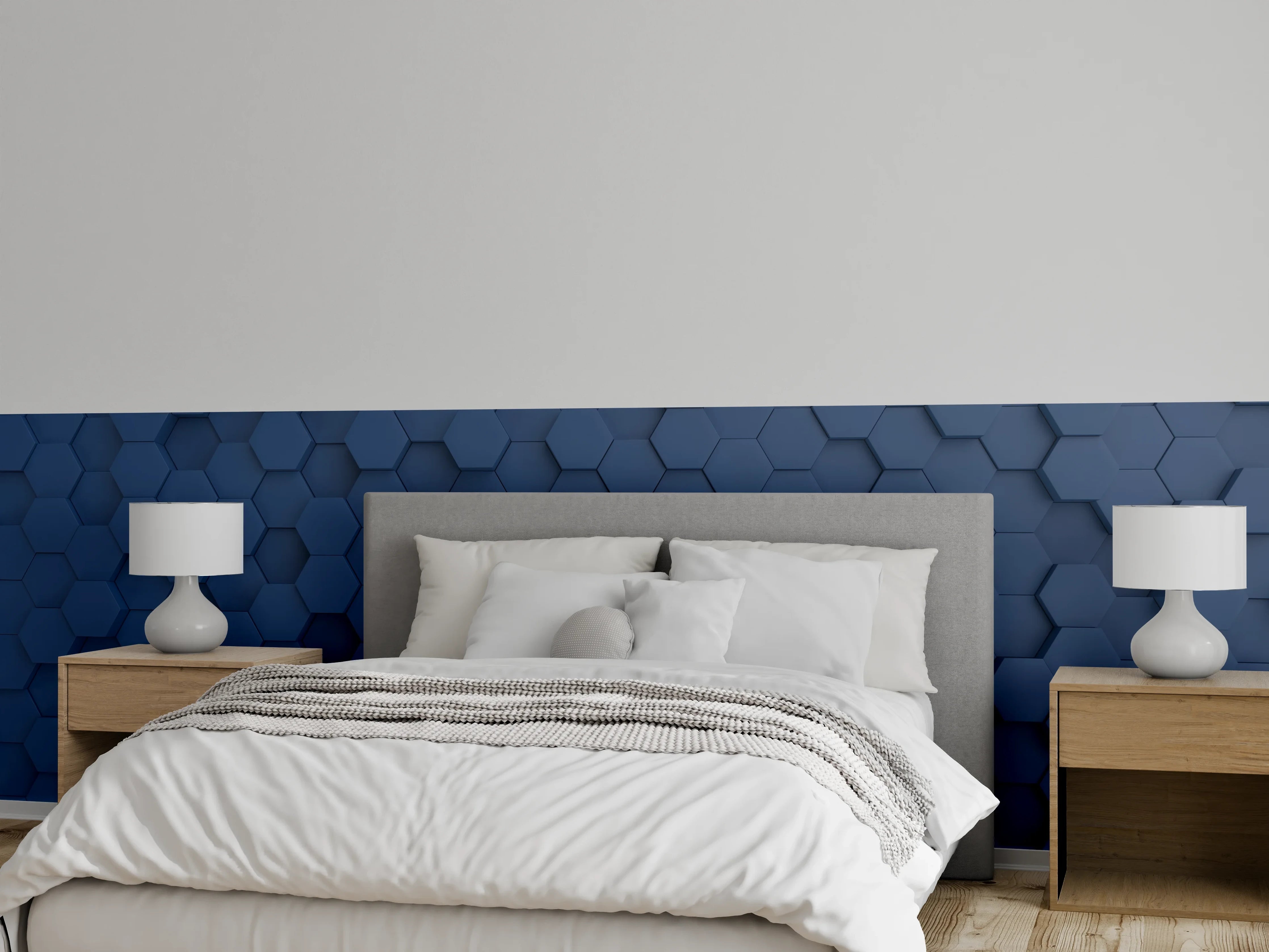 Wandverkleidung Schlafzimmer - Hexagon Wanddesign in elegantem Blau