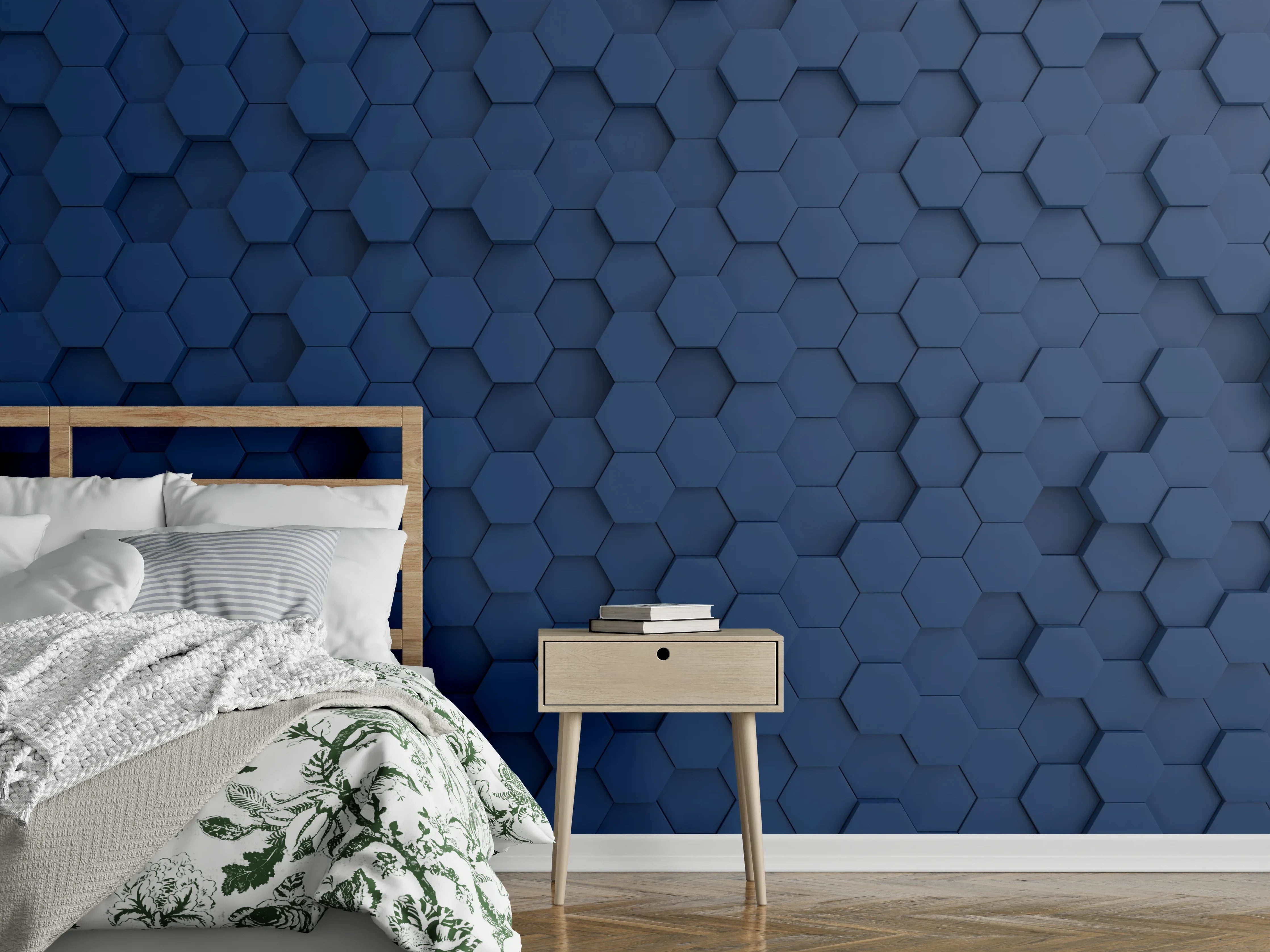 Wandverkleidung Schlafzimmer - Hexagon Wanddesign in elegantem Blau