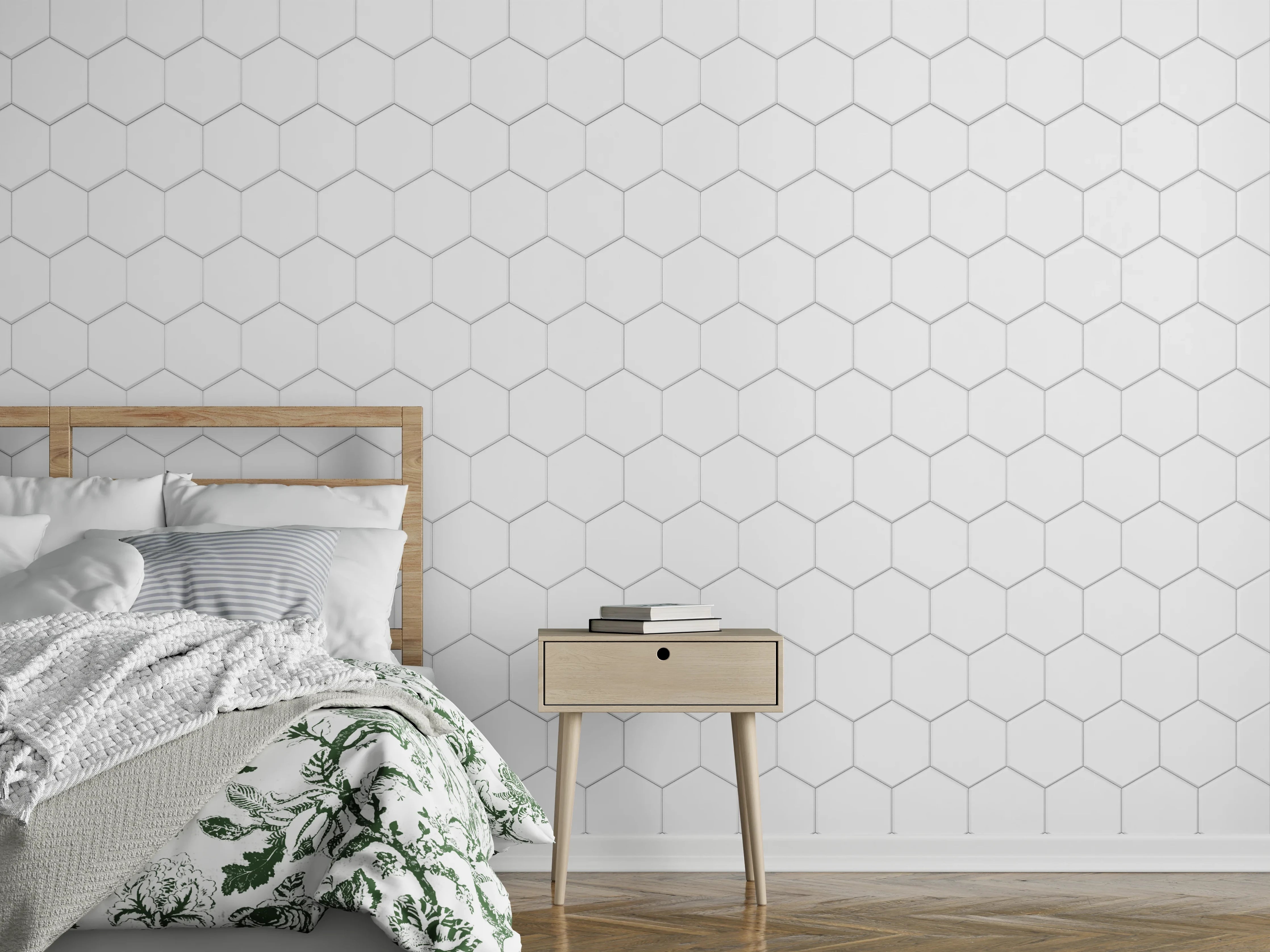 Wandverkleidung Schlafzimmer - Hexagonales Muster in Dezentem Grau