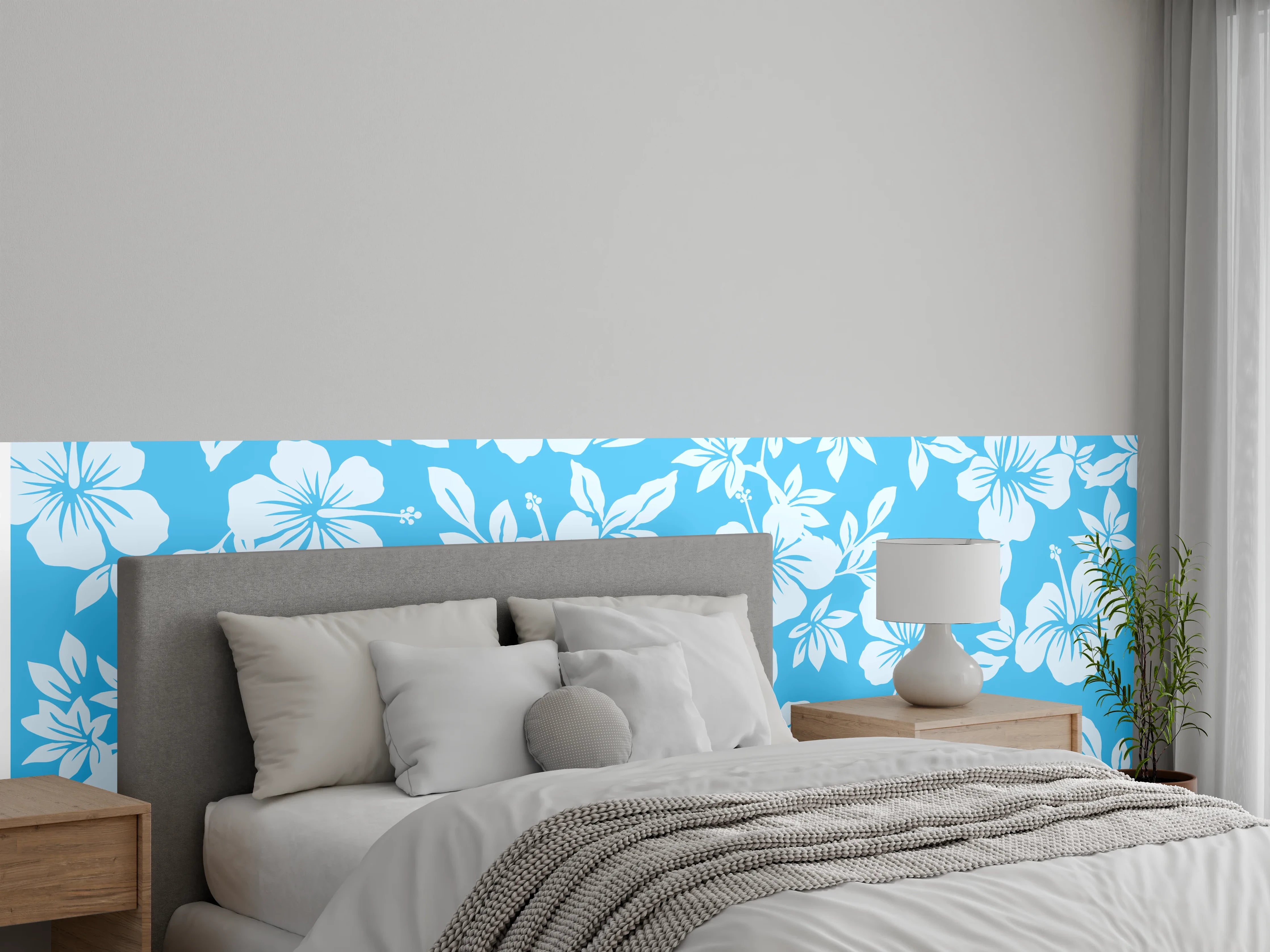 Wandverkleidung Schlafzimmer - Hibiskus Design Blau Grau Weiß