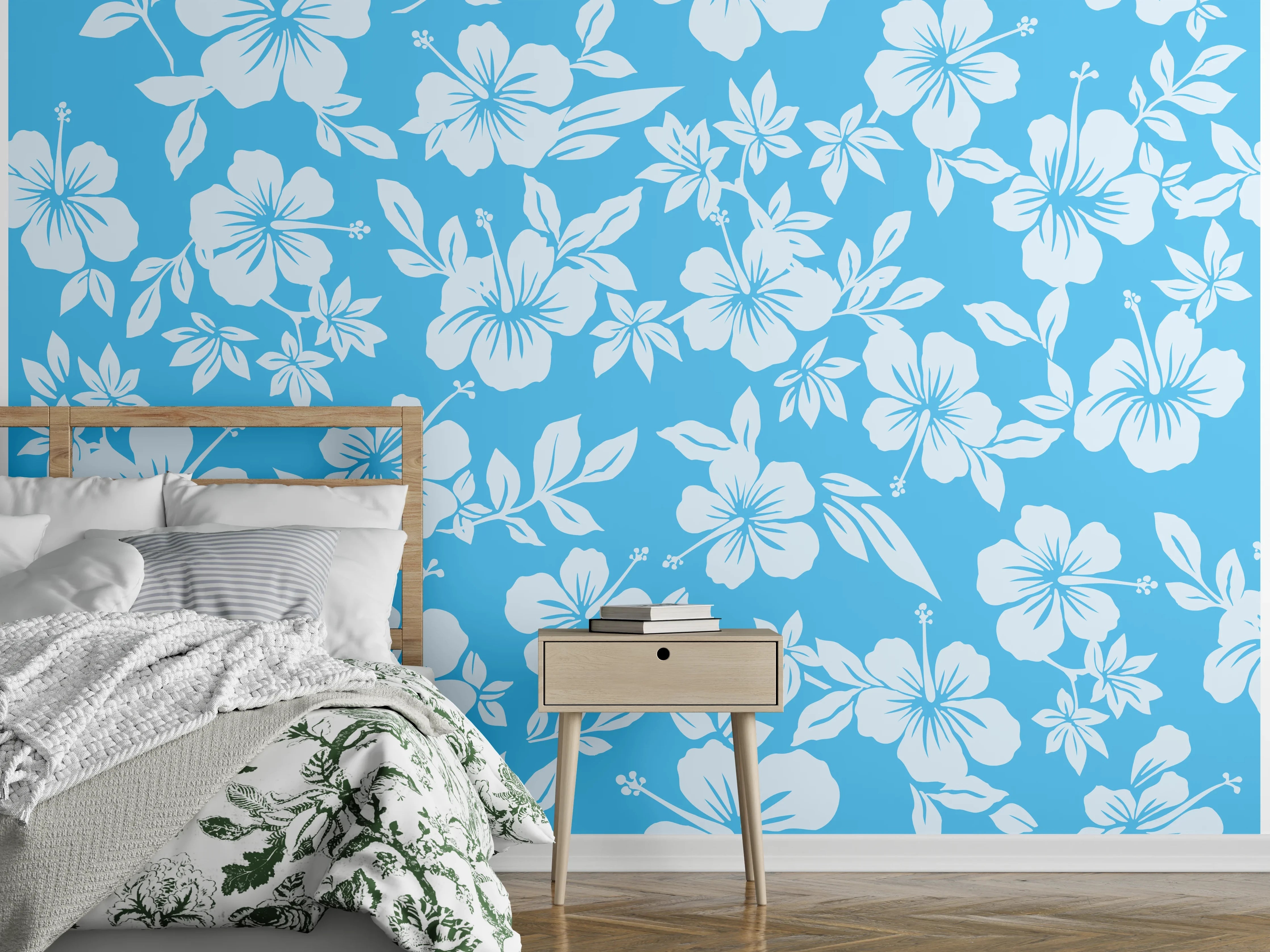 Wandverkleidung Schlafzimmer - Hibiskus Design Blau Grau Weiß