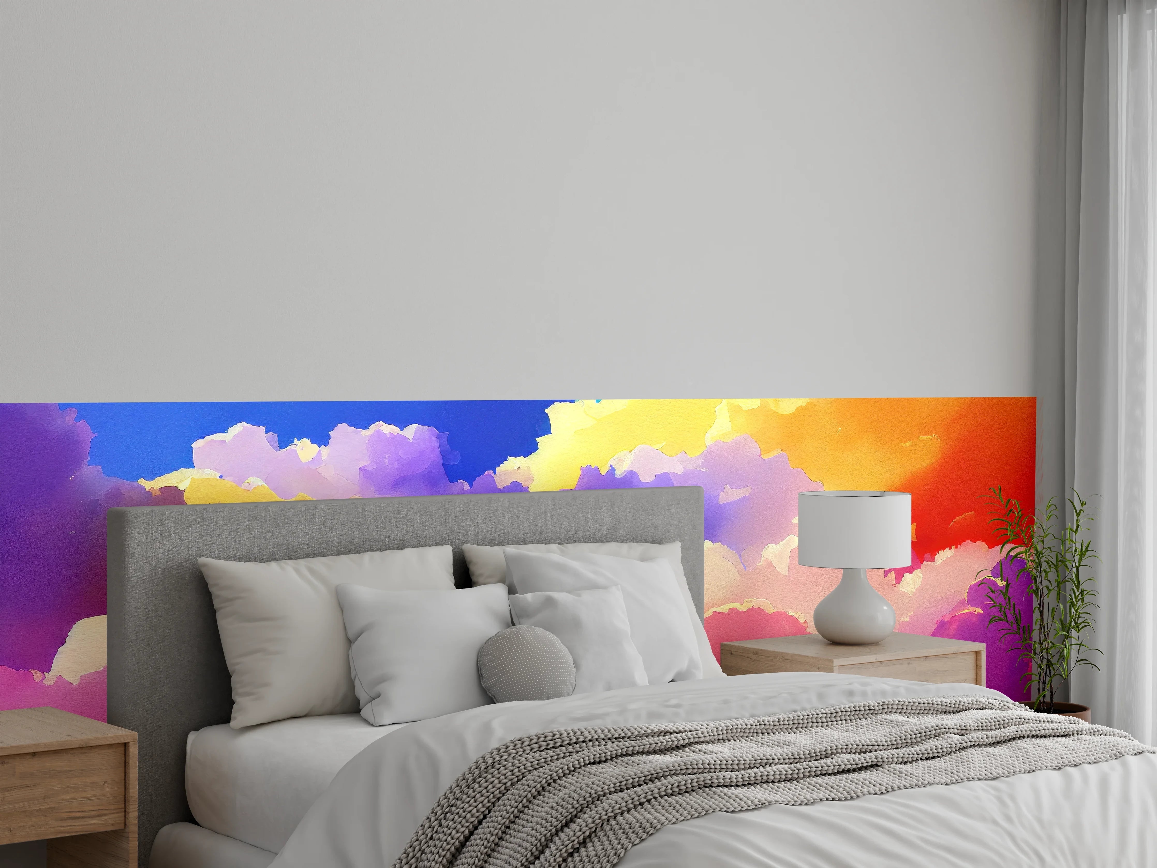 Wandverkleidung Schlafzimmer - Himmel mit Wolken. Aquarell Illustration von farbigen Wolken.