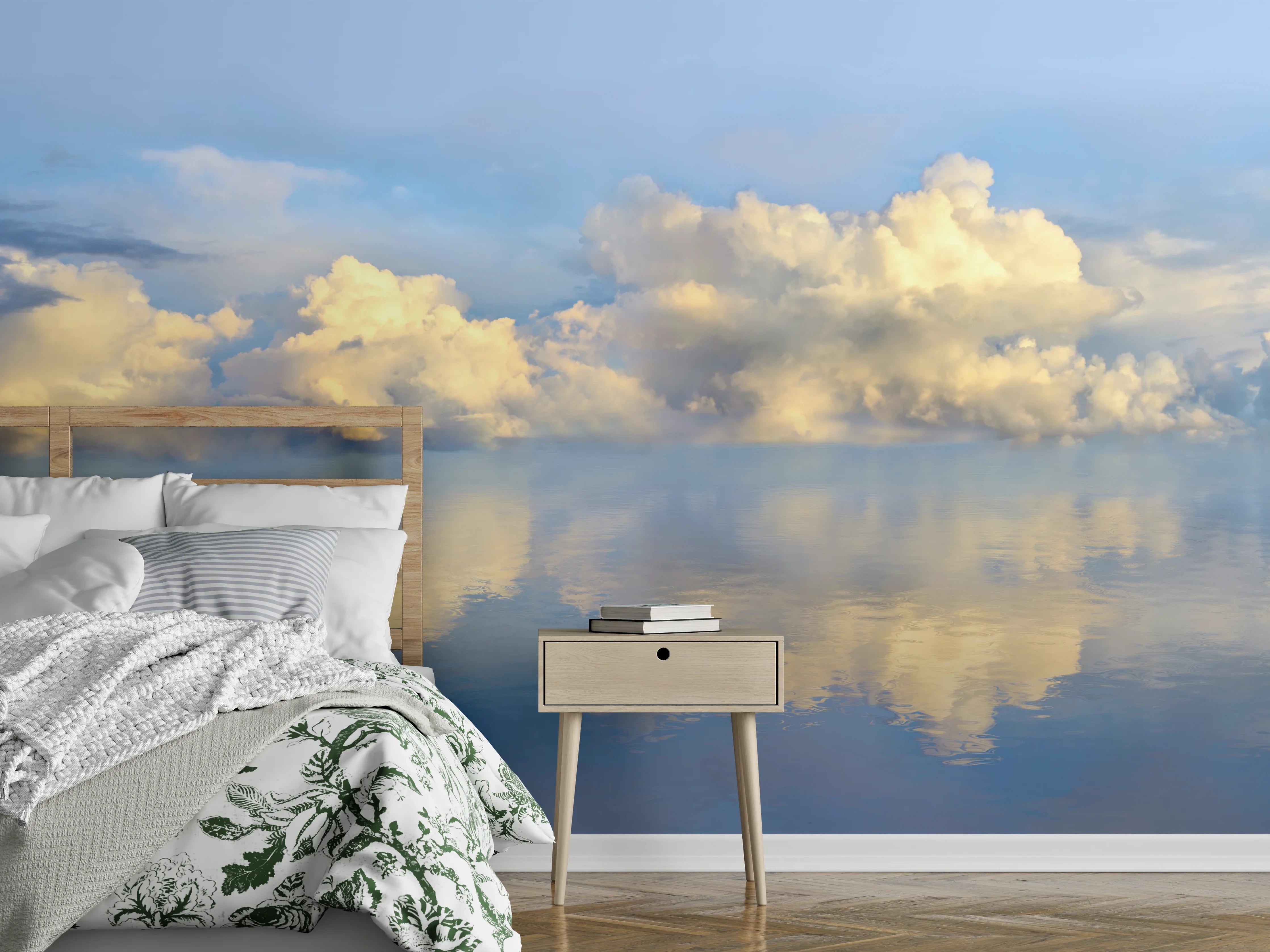 Wandverkleidung Schlafzimmer - Himmel und Wolken über Wasserpanorama