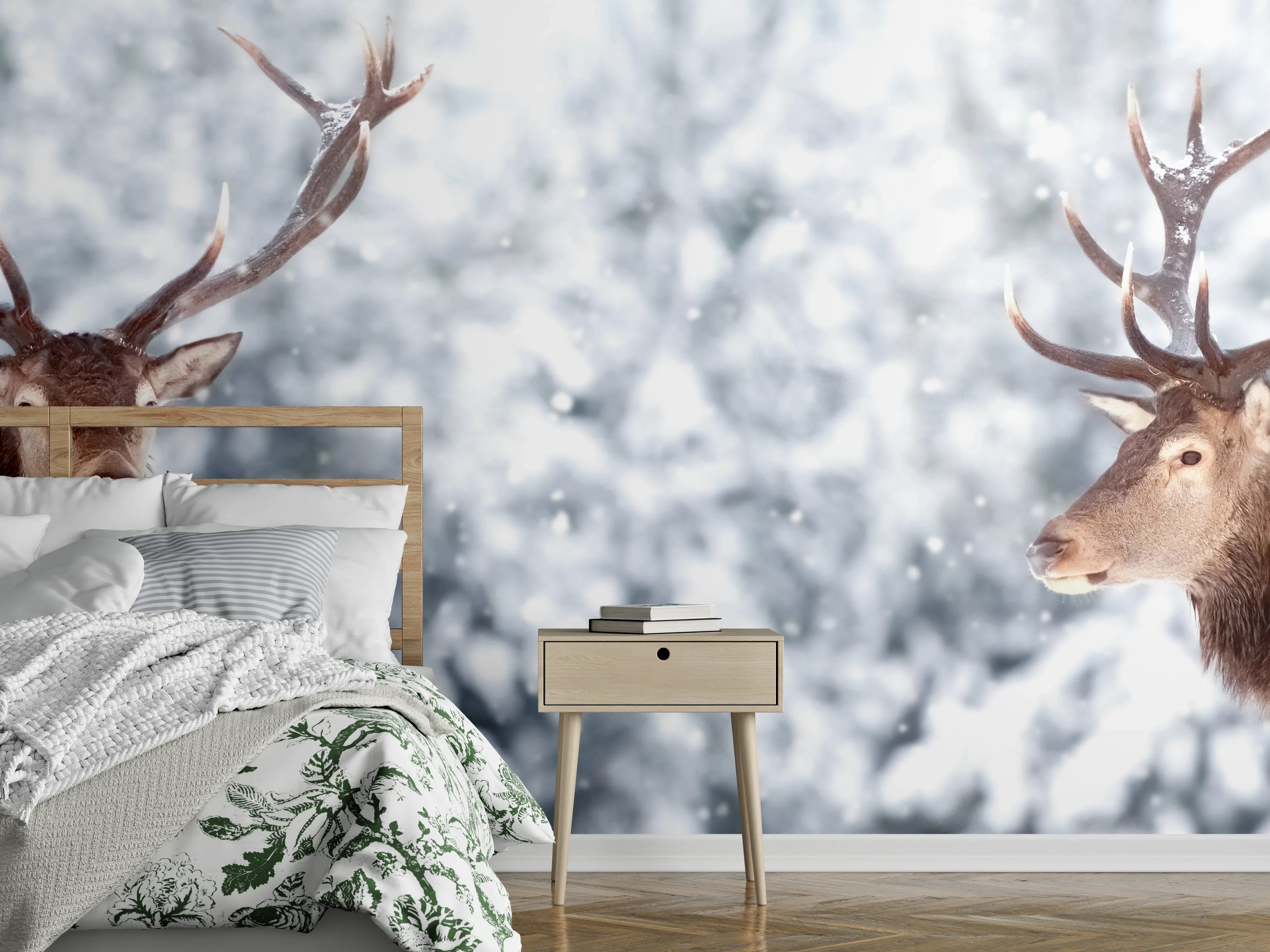 Wandverkleidung Schlafzimmer - Hirsch-Paar im Winterwald