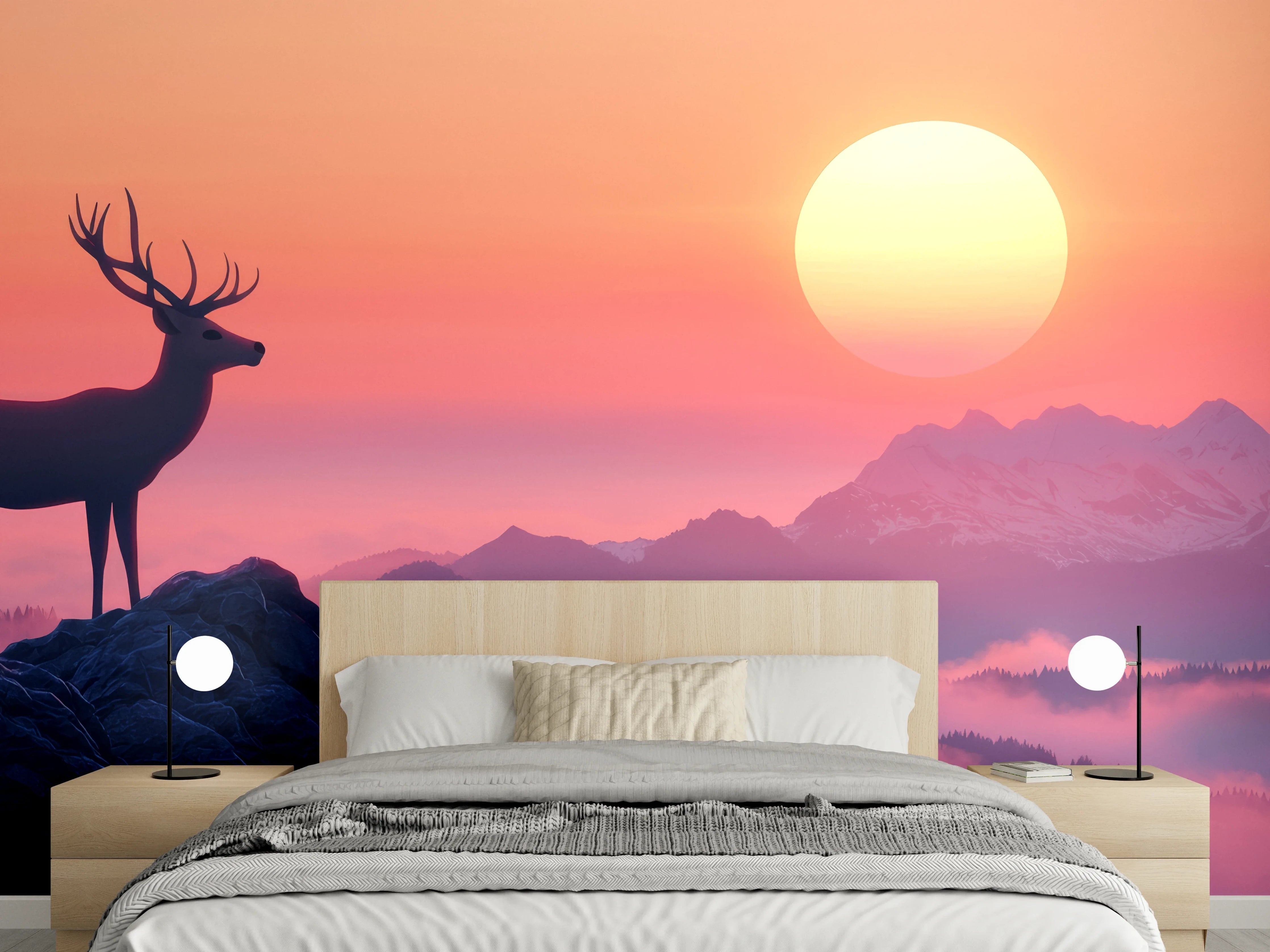 Wandverkleidung Schlafzimmer - Hirsch-Silhouette Sonnenaufgang Orange-Pink