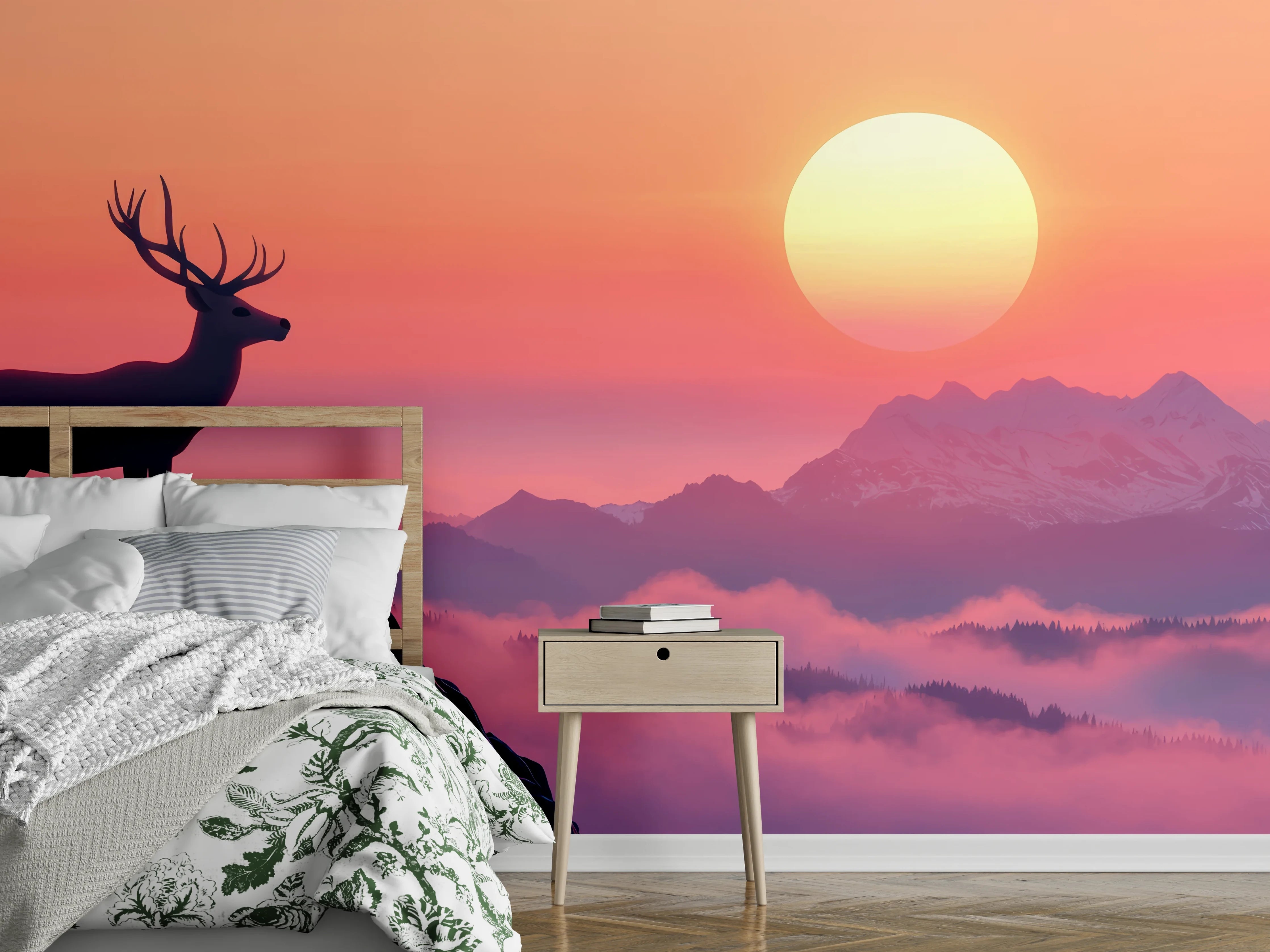 Wandverkleidung Schlafzimmer - Hirsch-Silhouette Sonnenaufgang Orange-Pink
