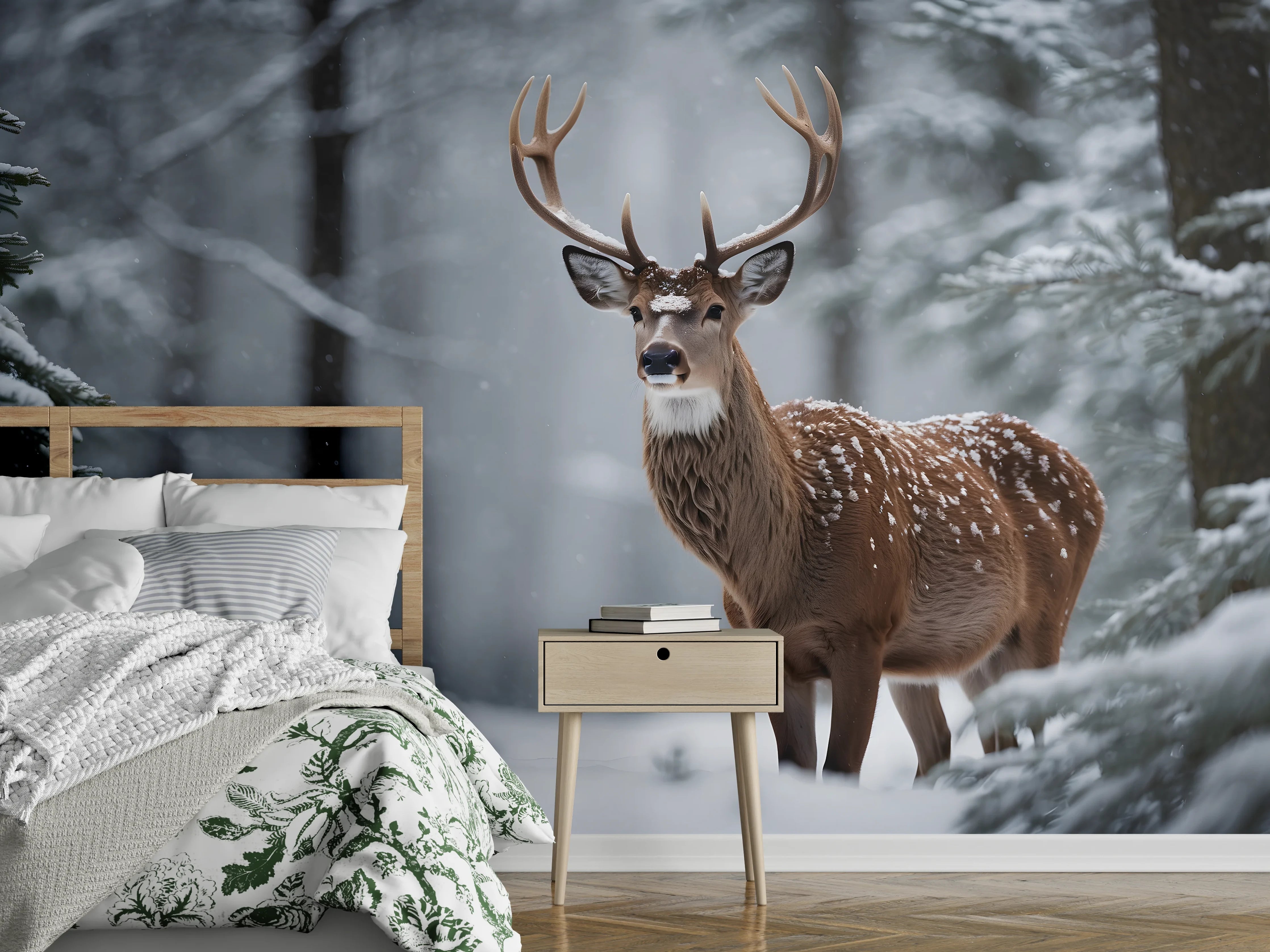 Wandverkleidung Schlafzimmer - Hirsch im verschneiten Wald