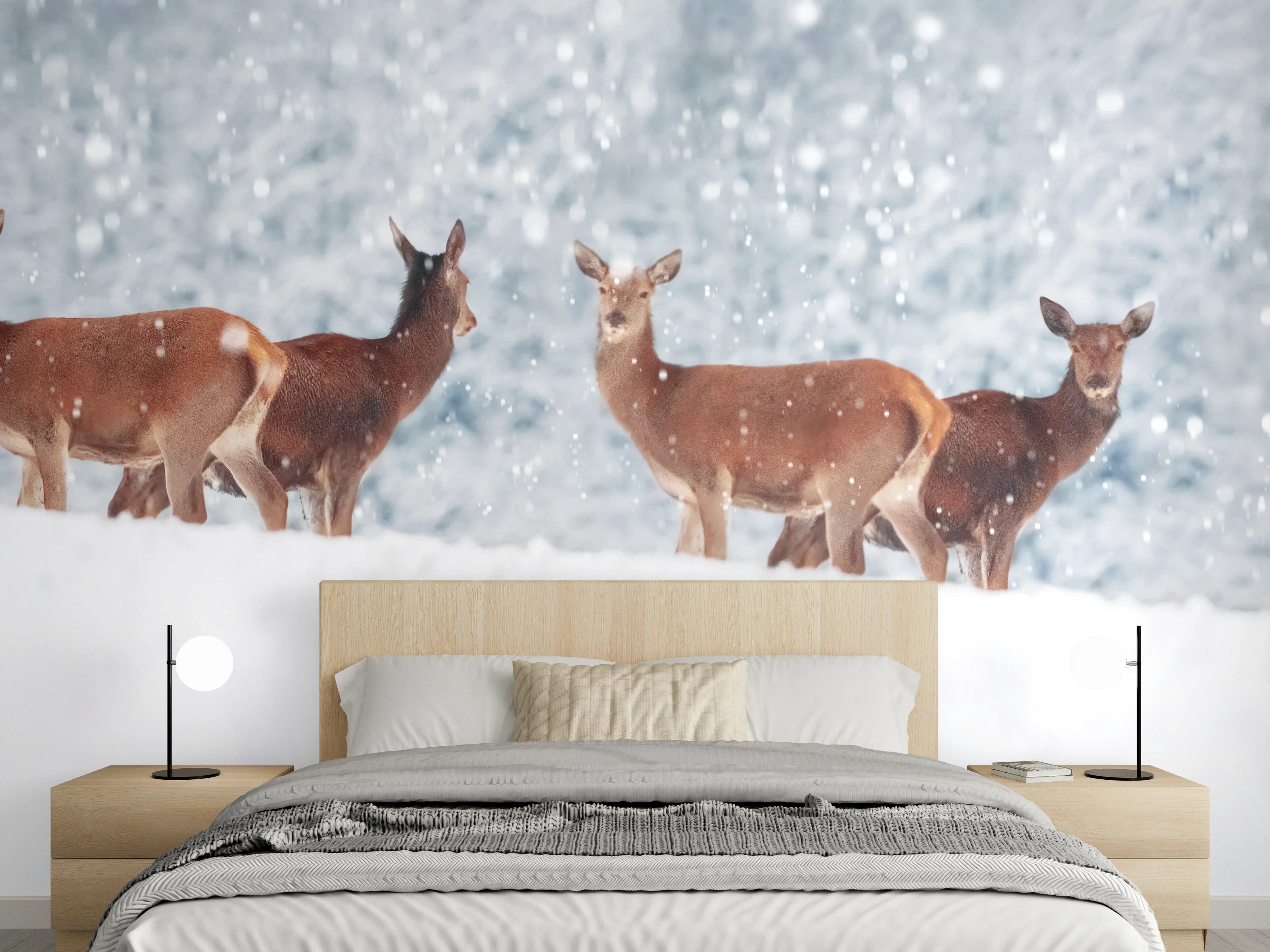 Wandverkleidung Schlafzimmer - Hirsche im weißen Winterpanorama