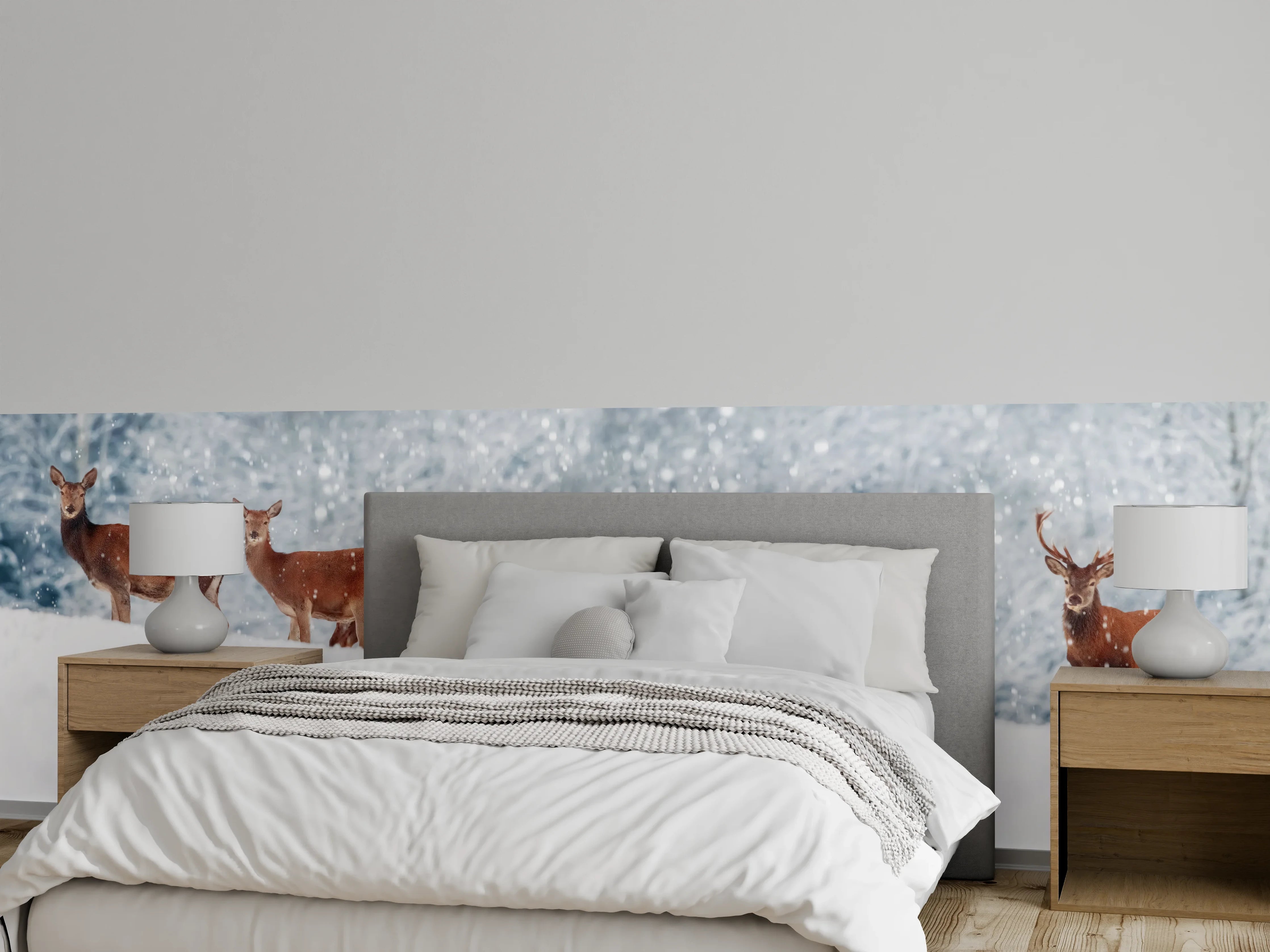 Wandverkleidung Schlafzimmer - Hirsche im weißen Winterpanorama