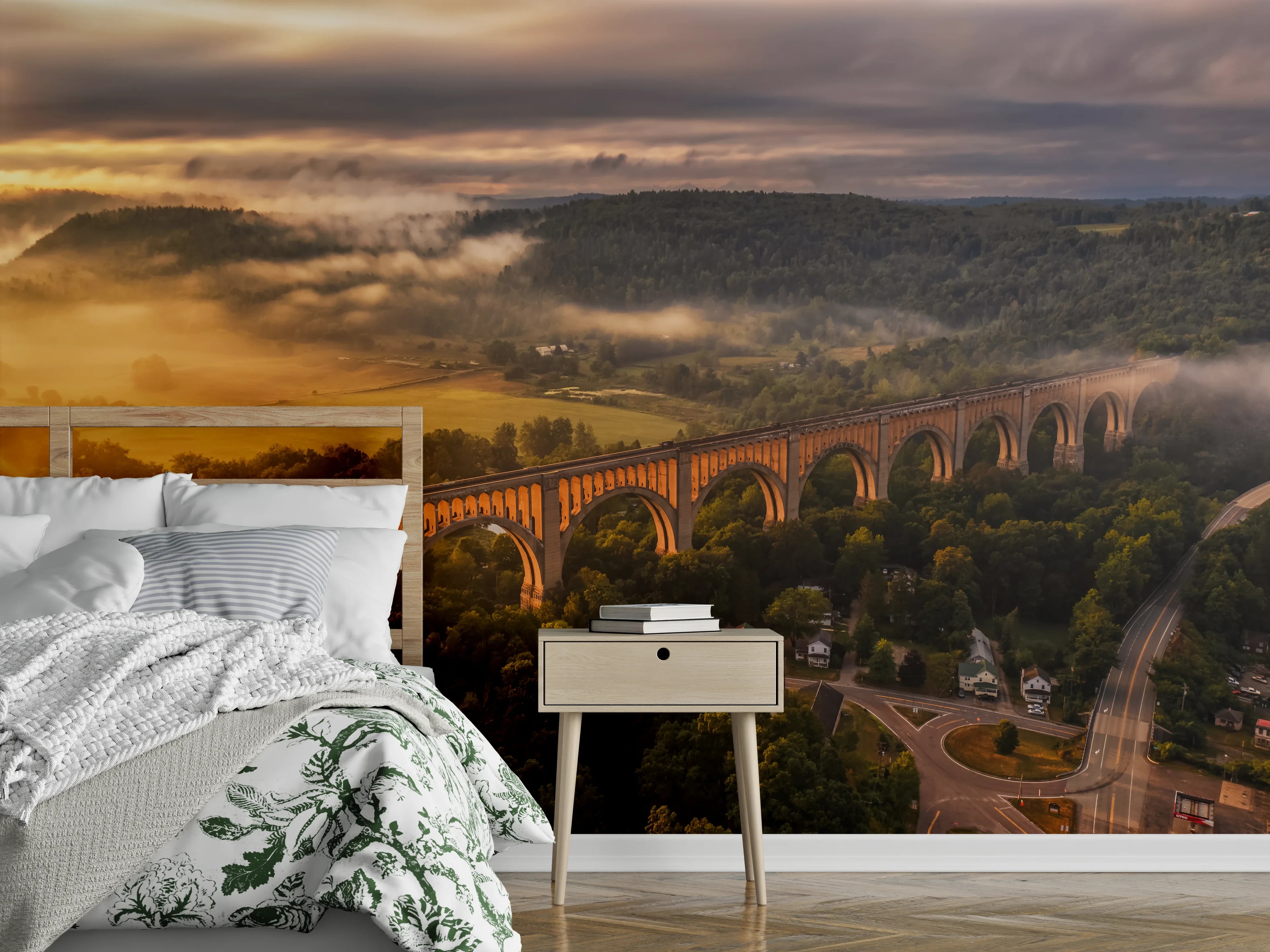 Wandverkleidung Schlafzimmer - Historische Brücke im Sonnenaufgang