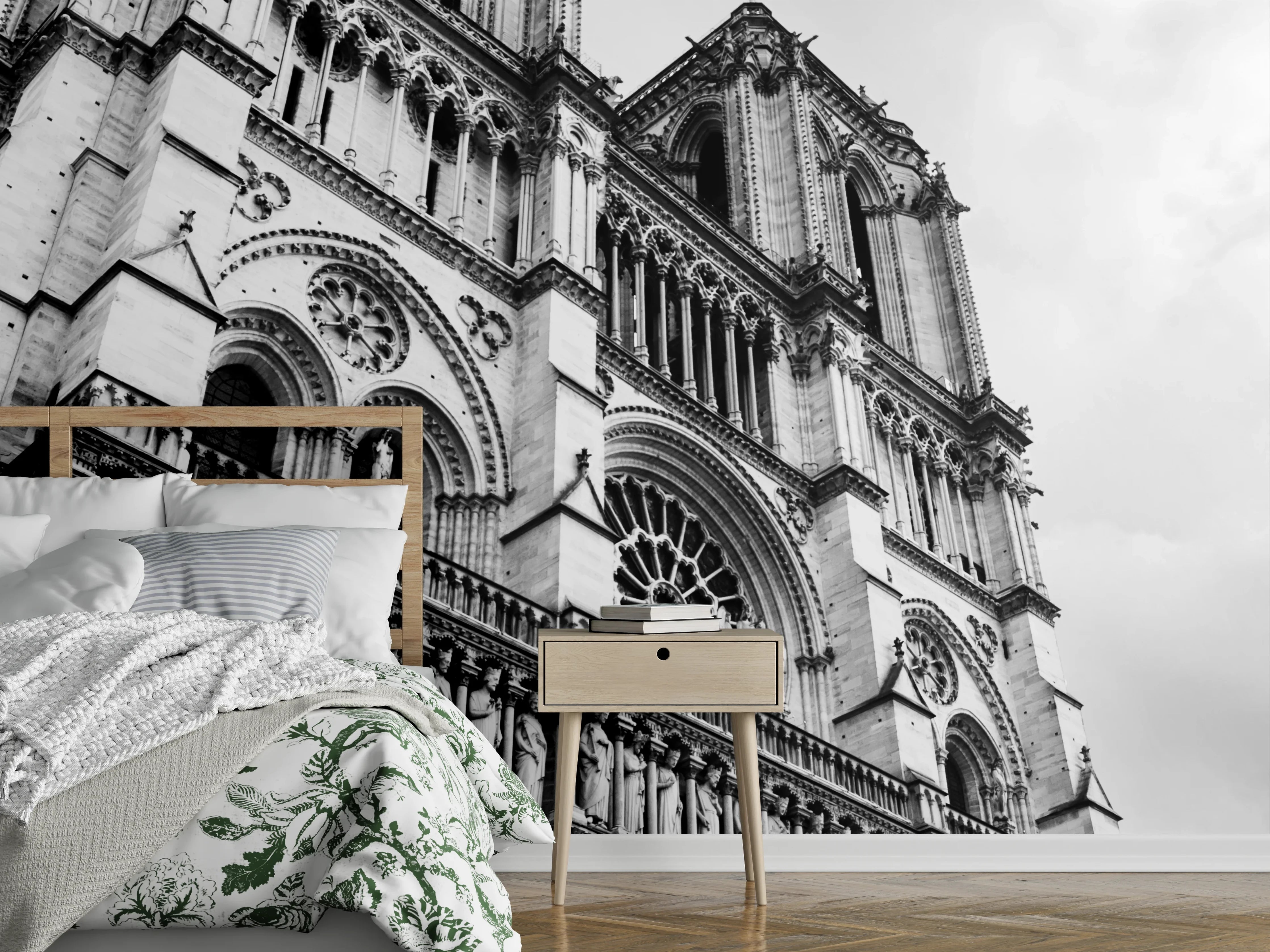 Wandverkleidung Schlafzimmer - Historisches Kathedralen-Design in Schwarz-Weiß