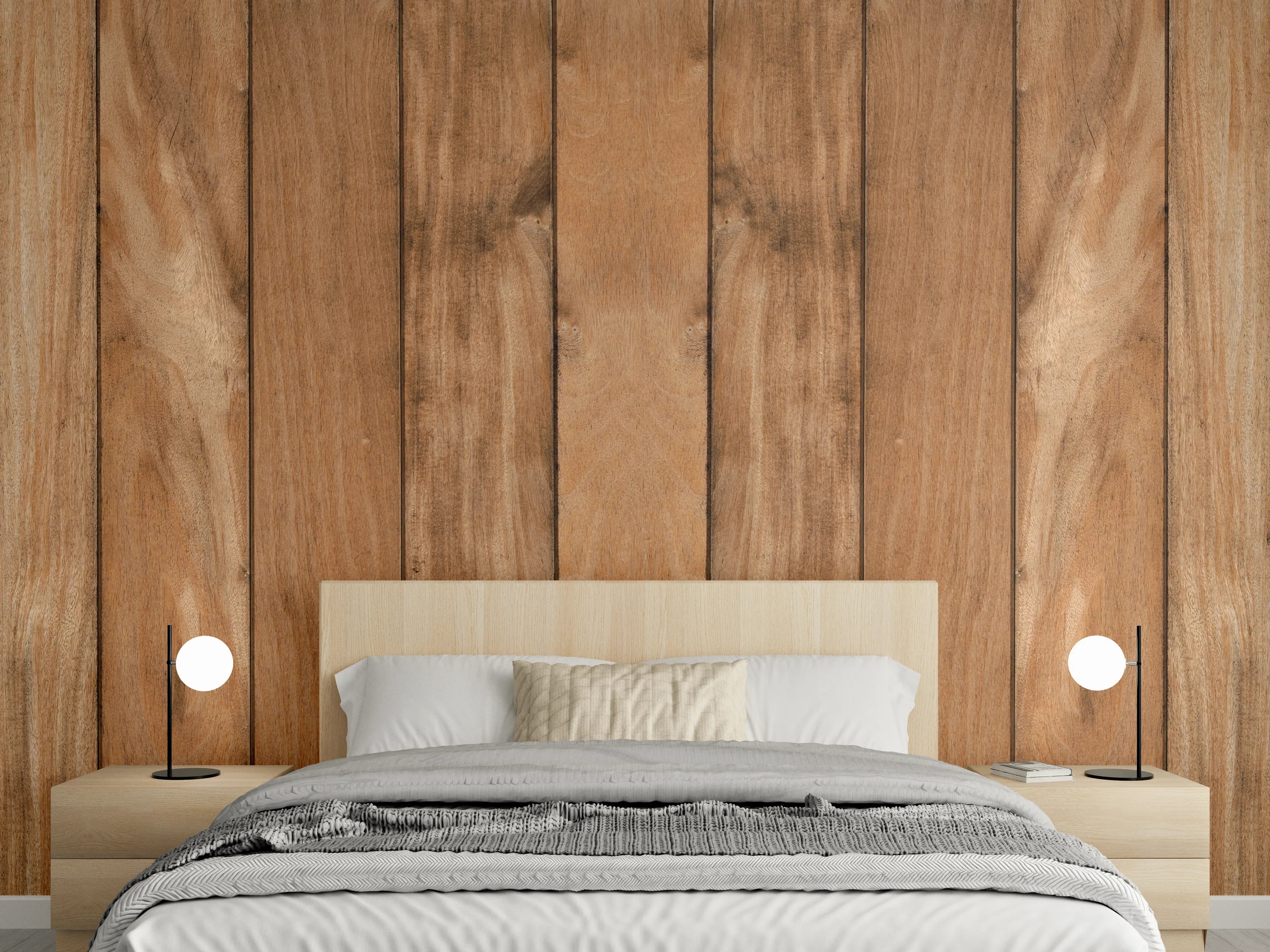 Wandverkleidung Schlafzimmer - Hölzerne Wandpaneele in warmem Braunton