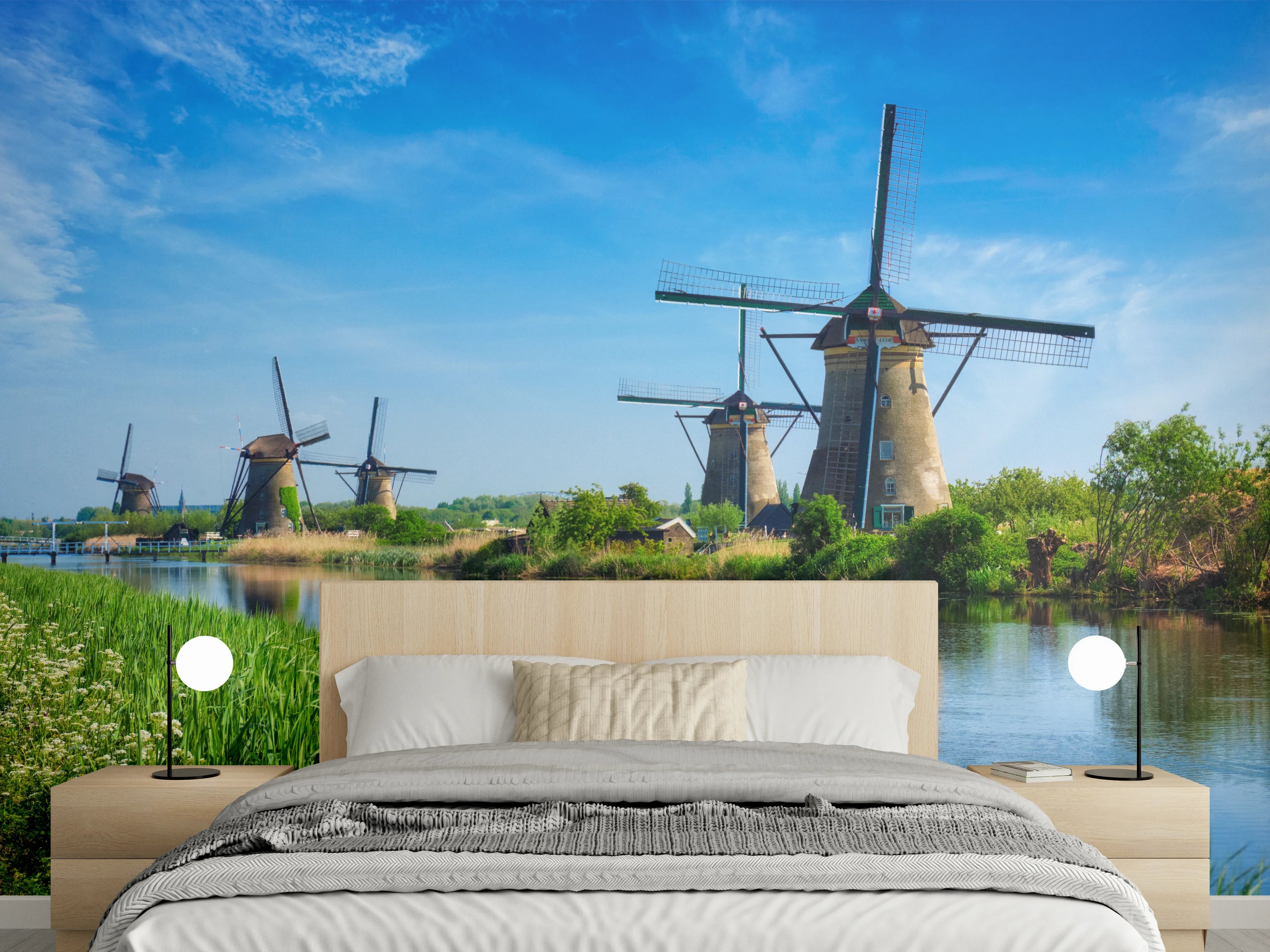 Wandverkleidung Schlafzimmer - Holländische Windmühlen am Flussufer