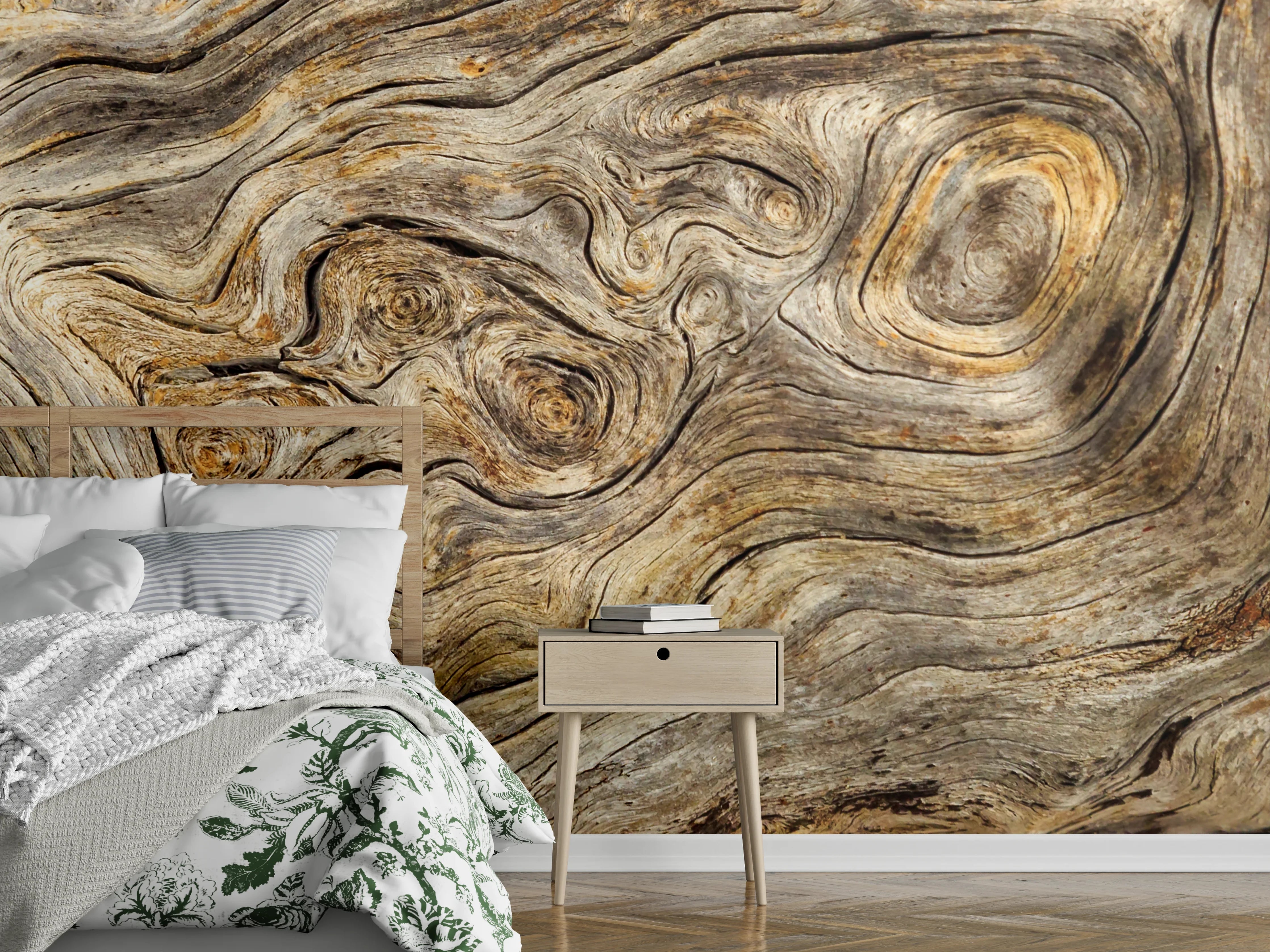 Wandverkleidung Schlafzimmer - Holzmaserung Natur Braun Beige Grau