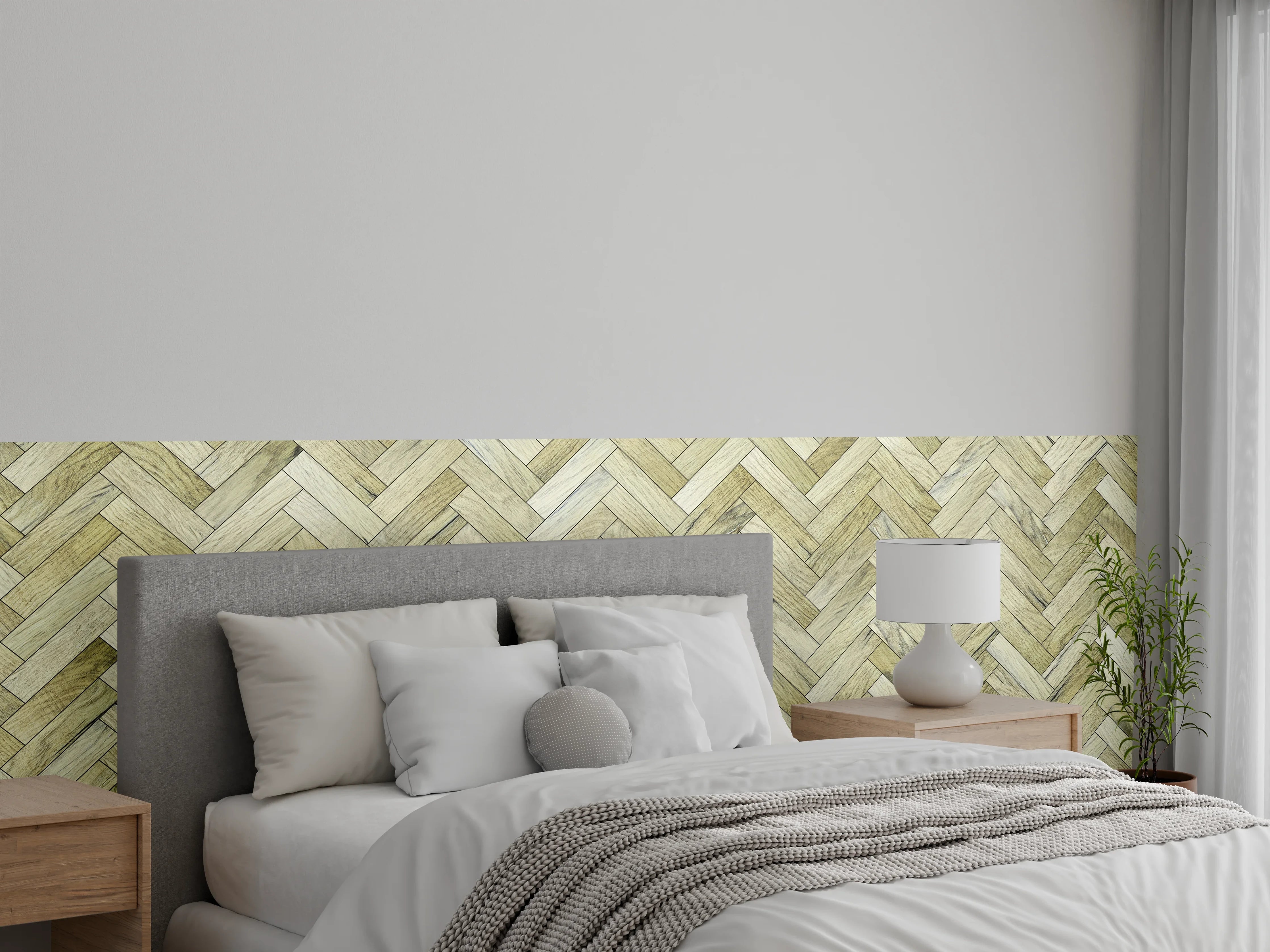Wandverkleidung Schlafzimmer - Holzoptik Fischgrätmuster Tapete modern