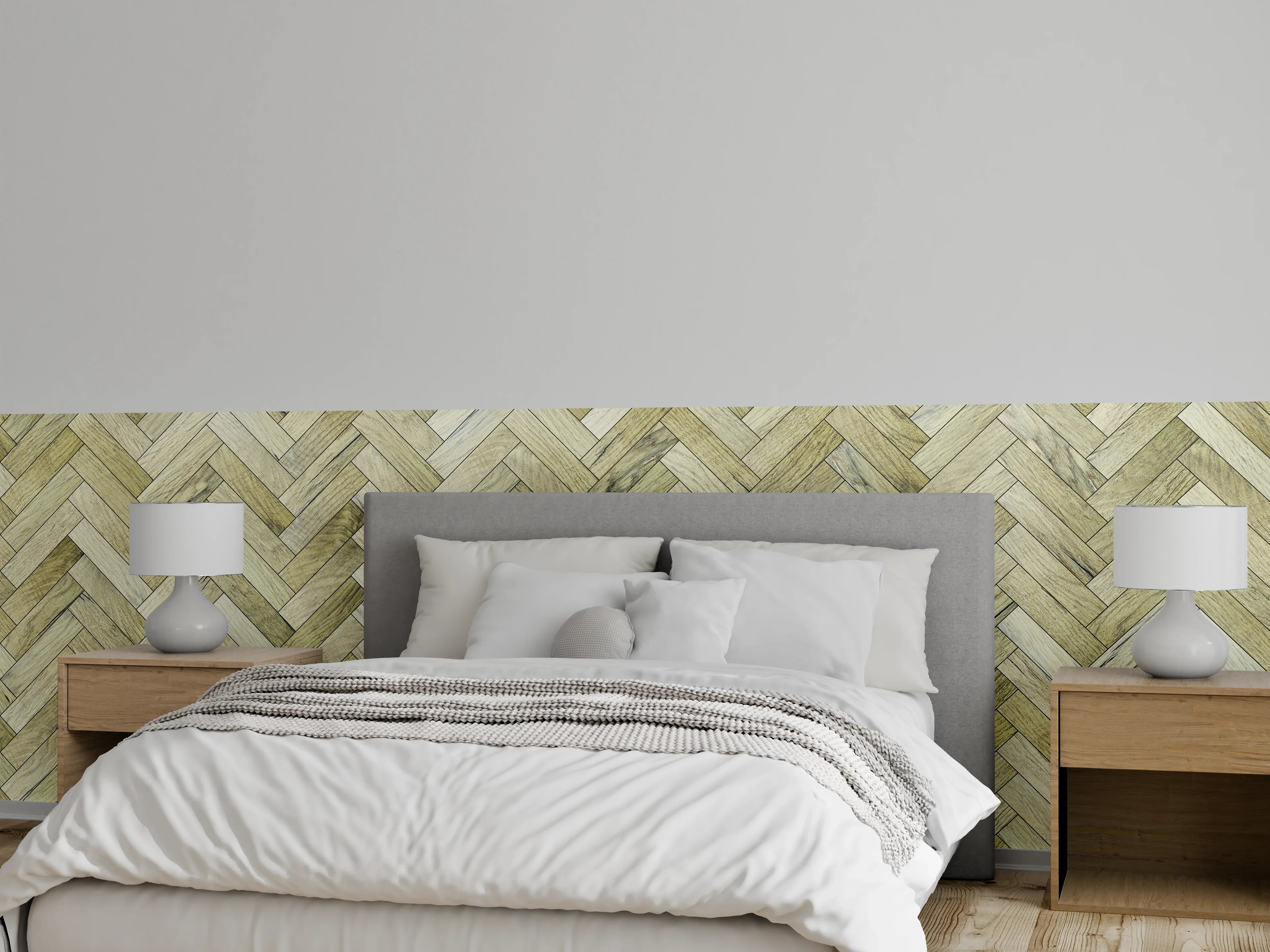 Wandverkleidung Schlafzimmer - Holzoptik Fischgrätmuster Tapete modern