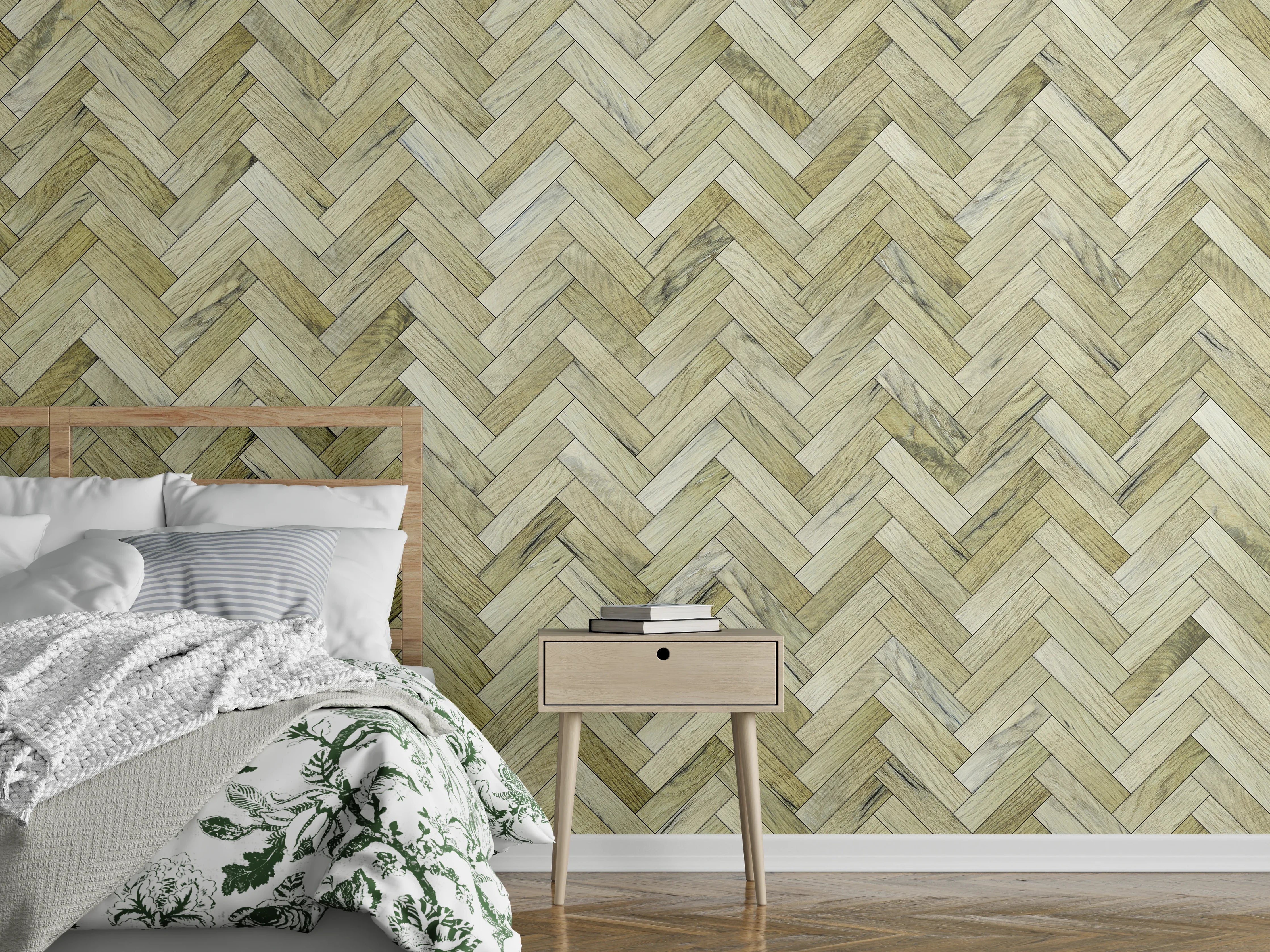 Wandverkleidung Schlafzimmer - Holzoptik Fischgrätmuster Tapete modern