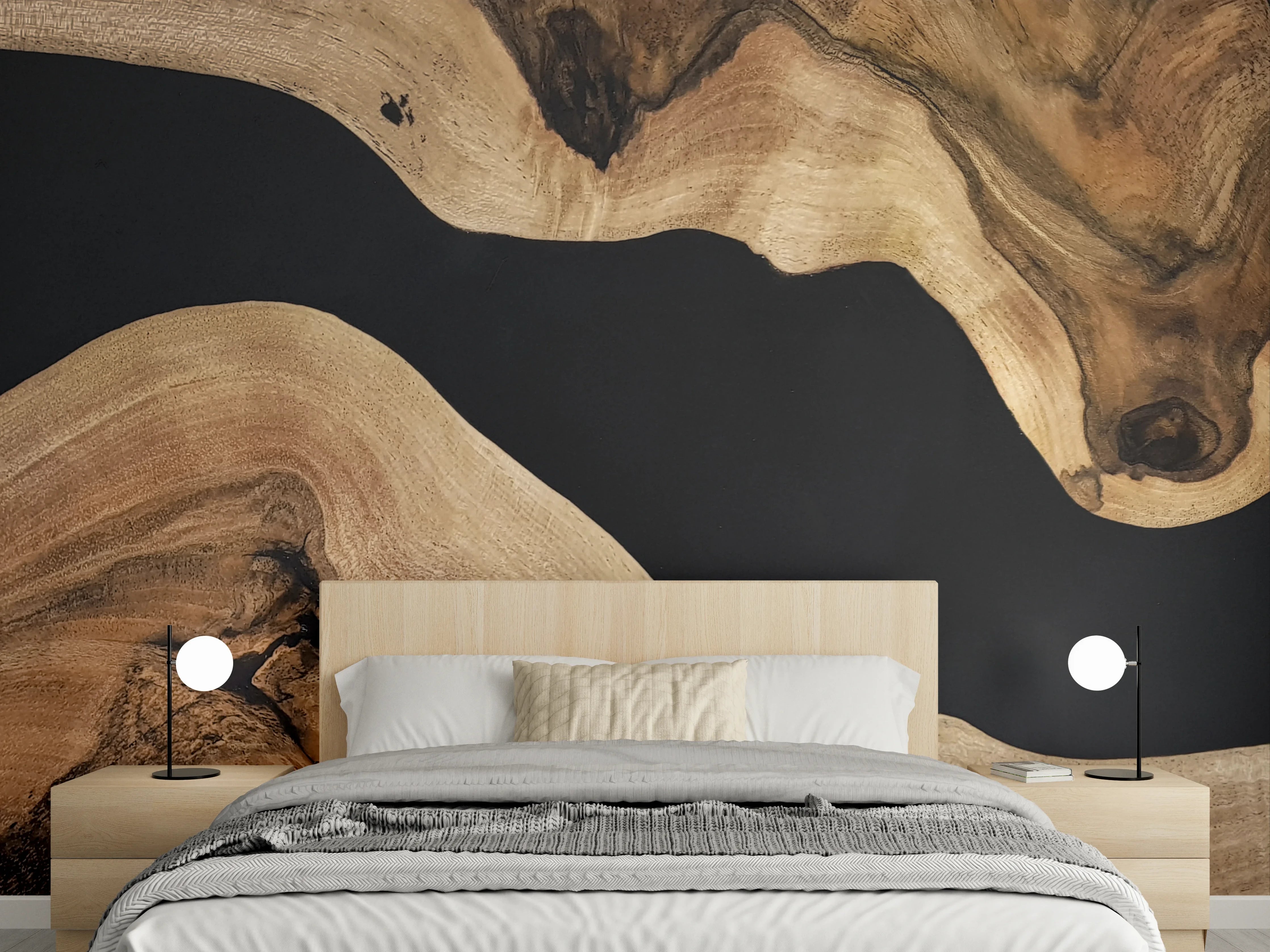 Wandverkleidung Schlafzimmer - Holzoptik Wandbild mit schwarzem Fluss