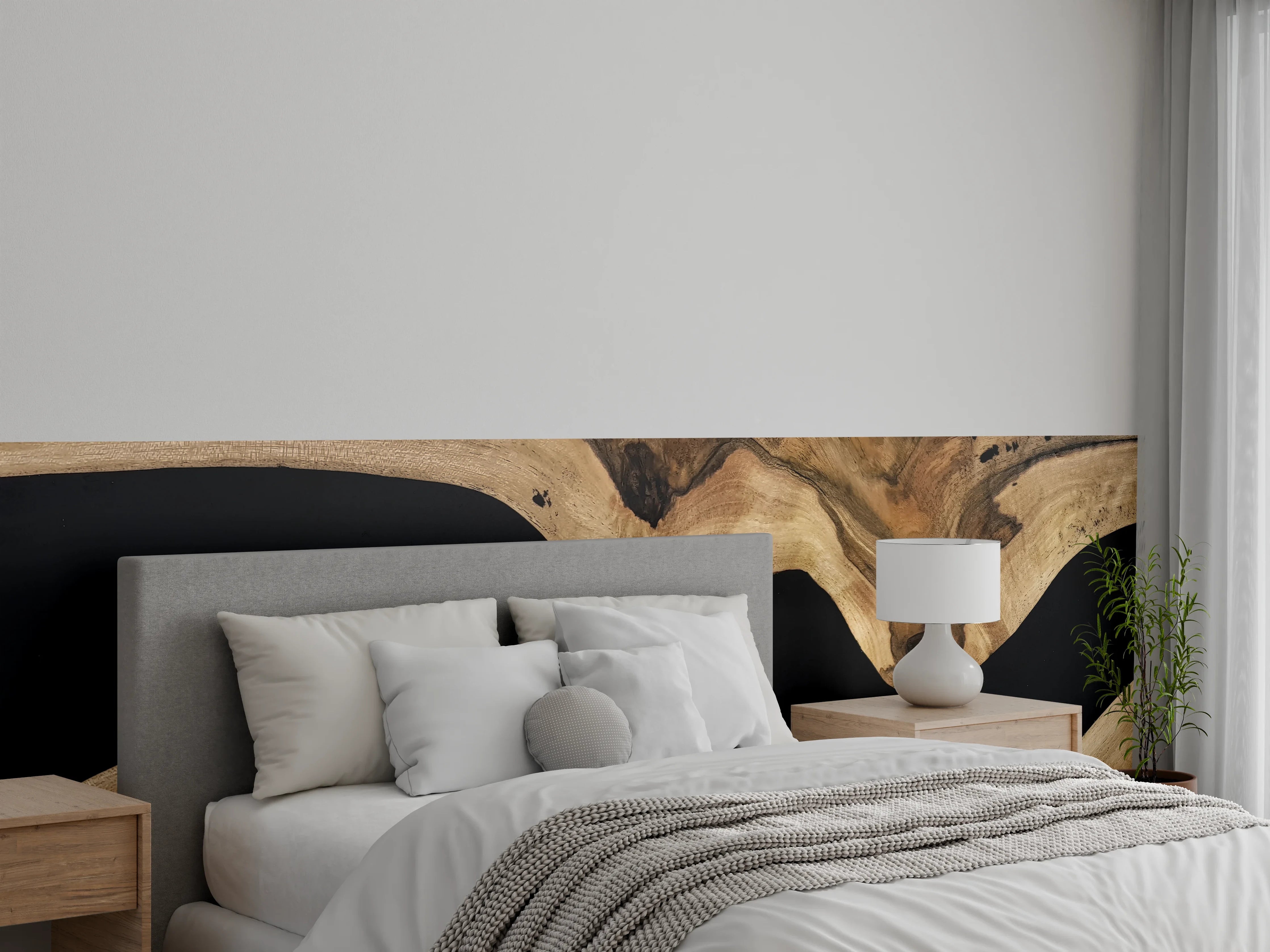 Wandverkleidung Schlafzimmer - Holzoptik Wandbild mit schwarzem Fluss