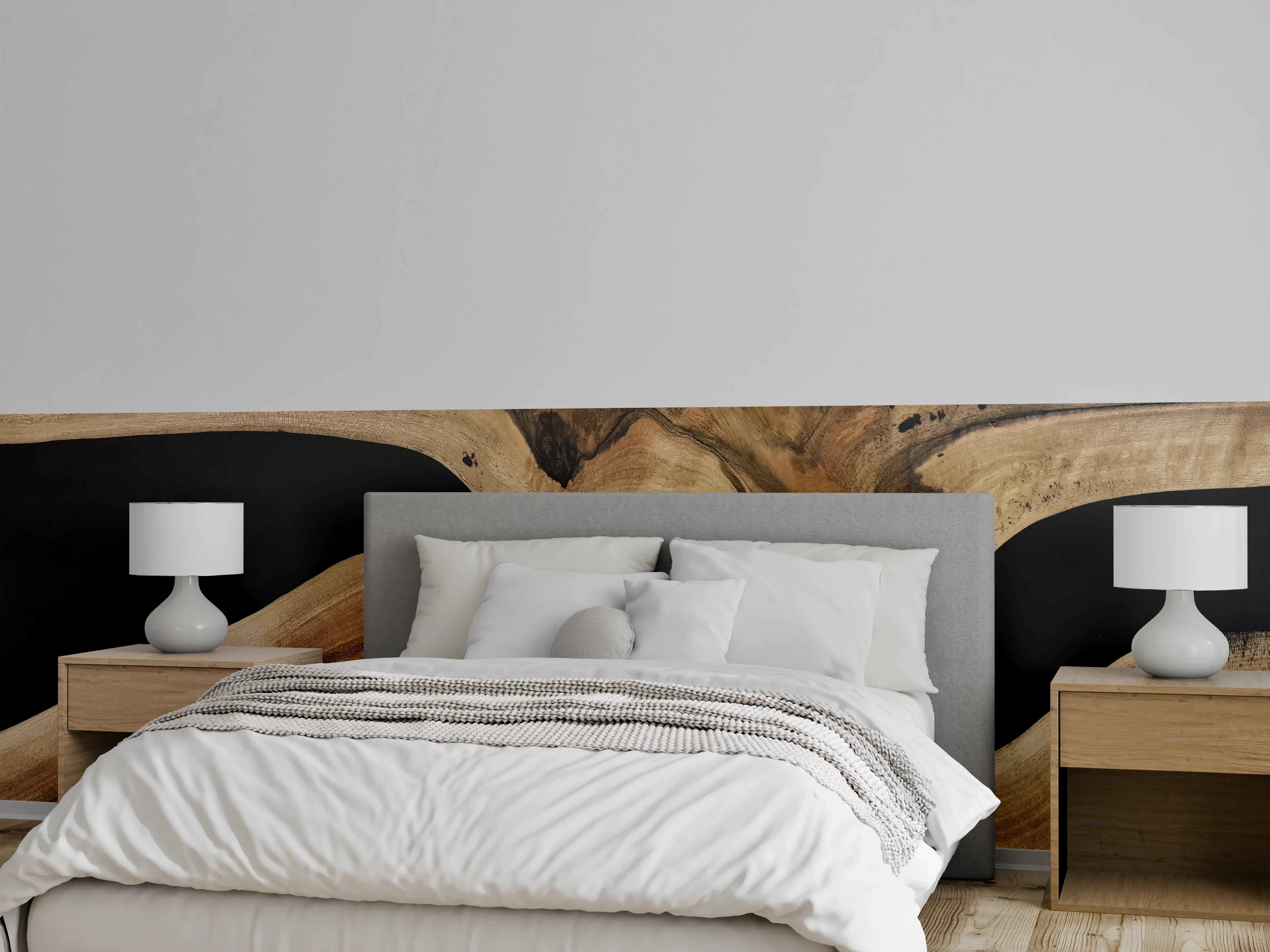 Wandverkleidung Schlafzimmer - Holzoptik Wandbild mit schwarzem Fluss