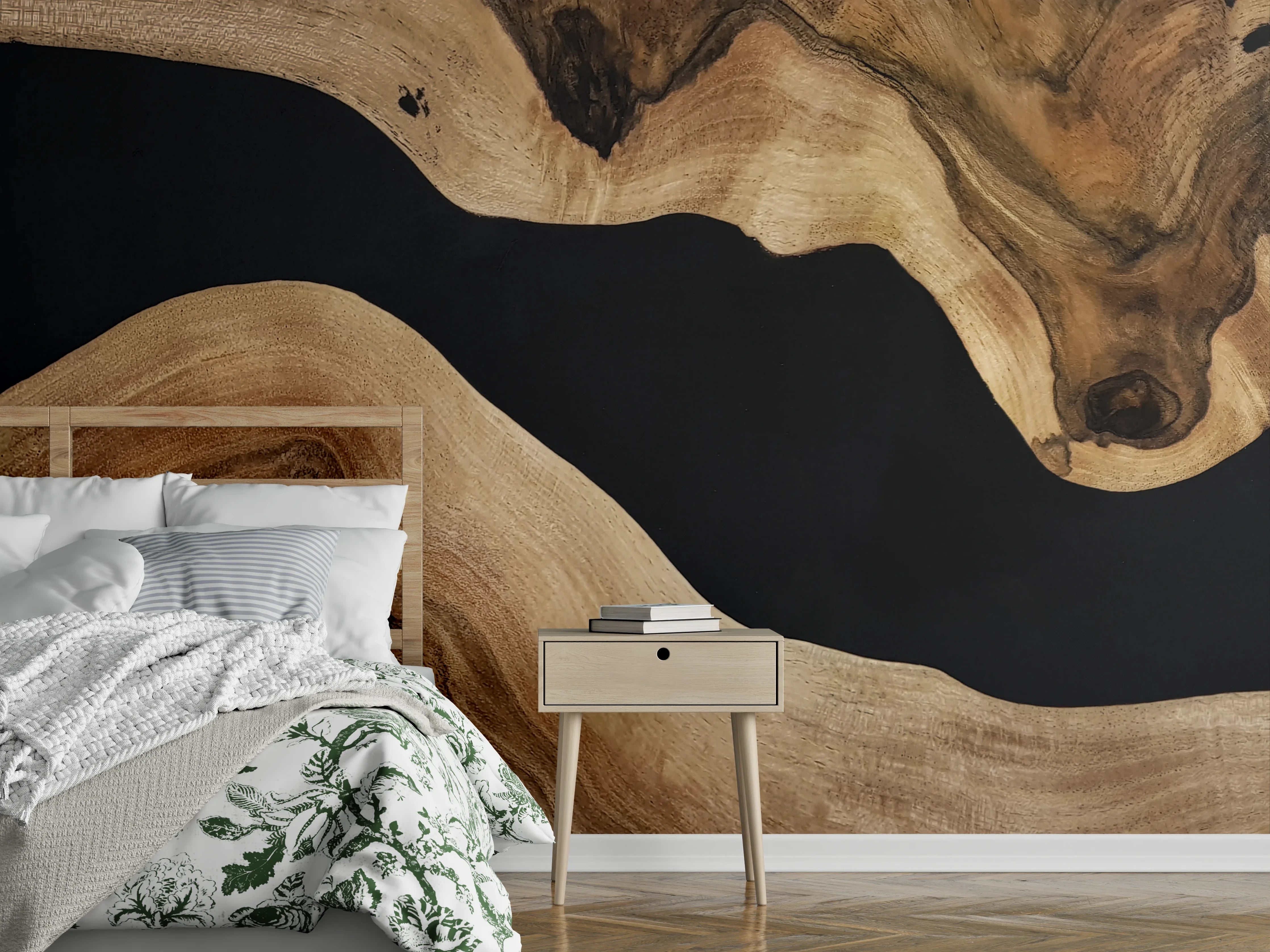 Wandverkleidung Schlafzimmer - Holzoptik Wandbild mit schwarzem Fluss