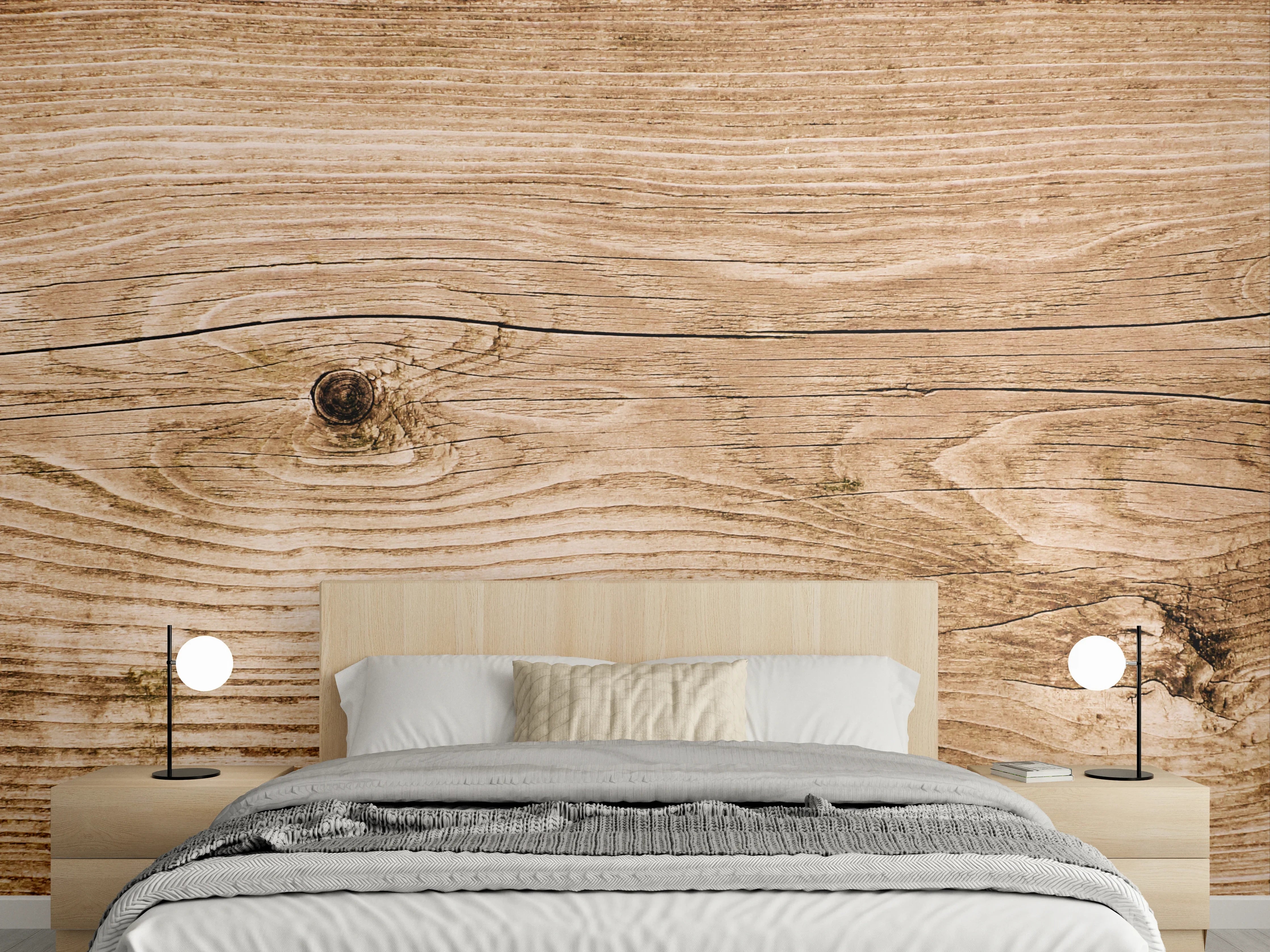 Wandverkleidung Schlafzimmer - Holzoptik in warmen Braun- und Beigetönen