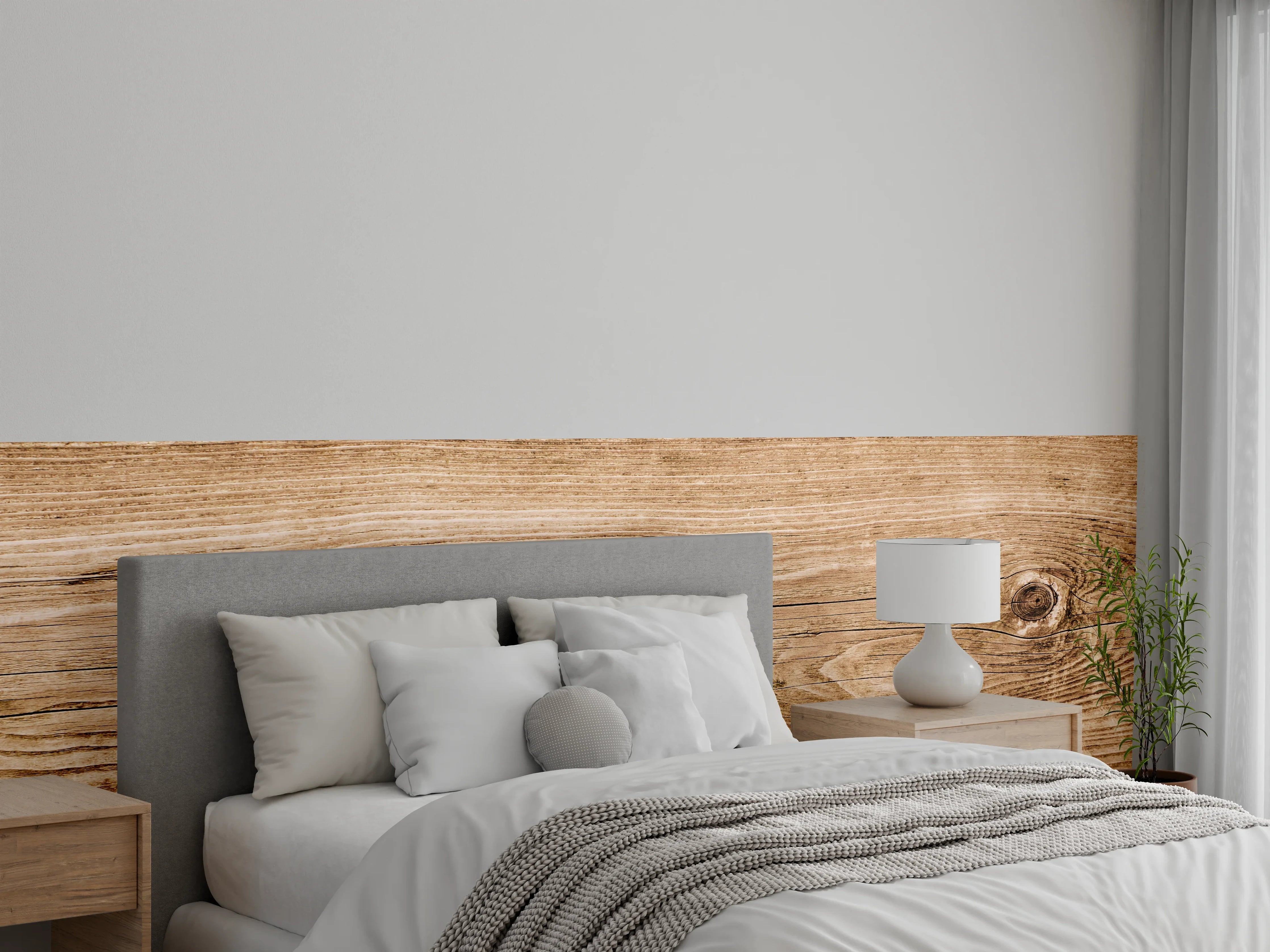 Wandverkleidung Schlafzimmer - Holzoptik in warmen Braun- und Beigetönen