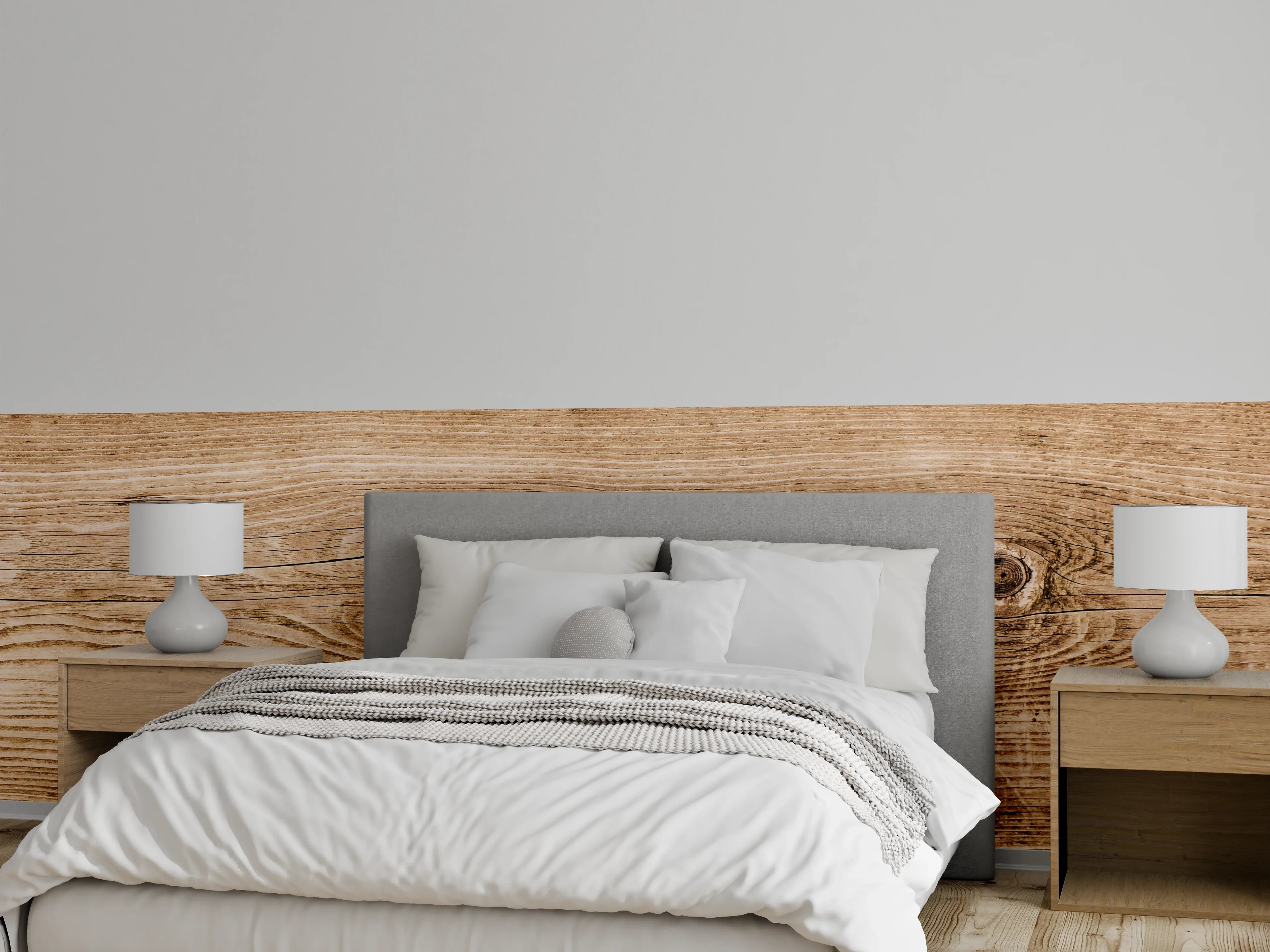Wandverkleidung Schlafzimmer - Holzoptik in warmen Braun- und Beigetönen