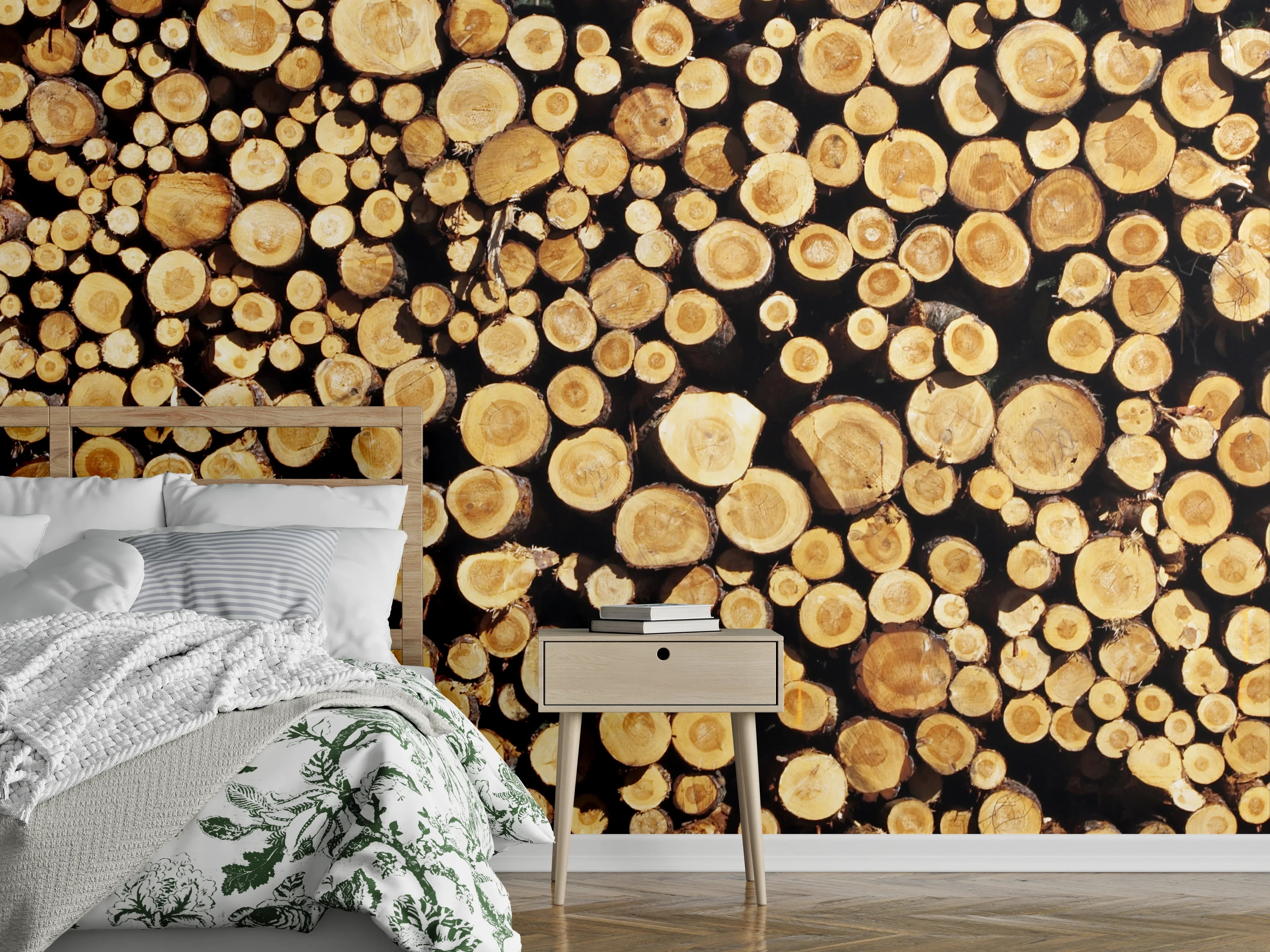 Wandverkleidung Schlafzimmer - Holzstämme in warmem Farbton